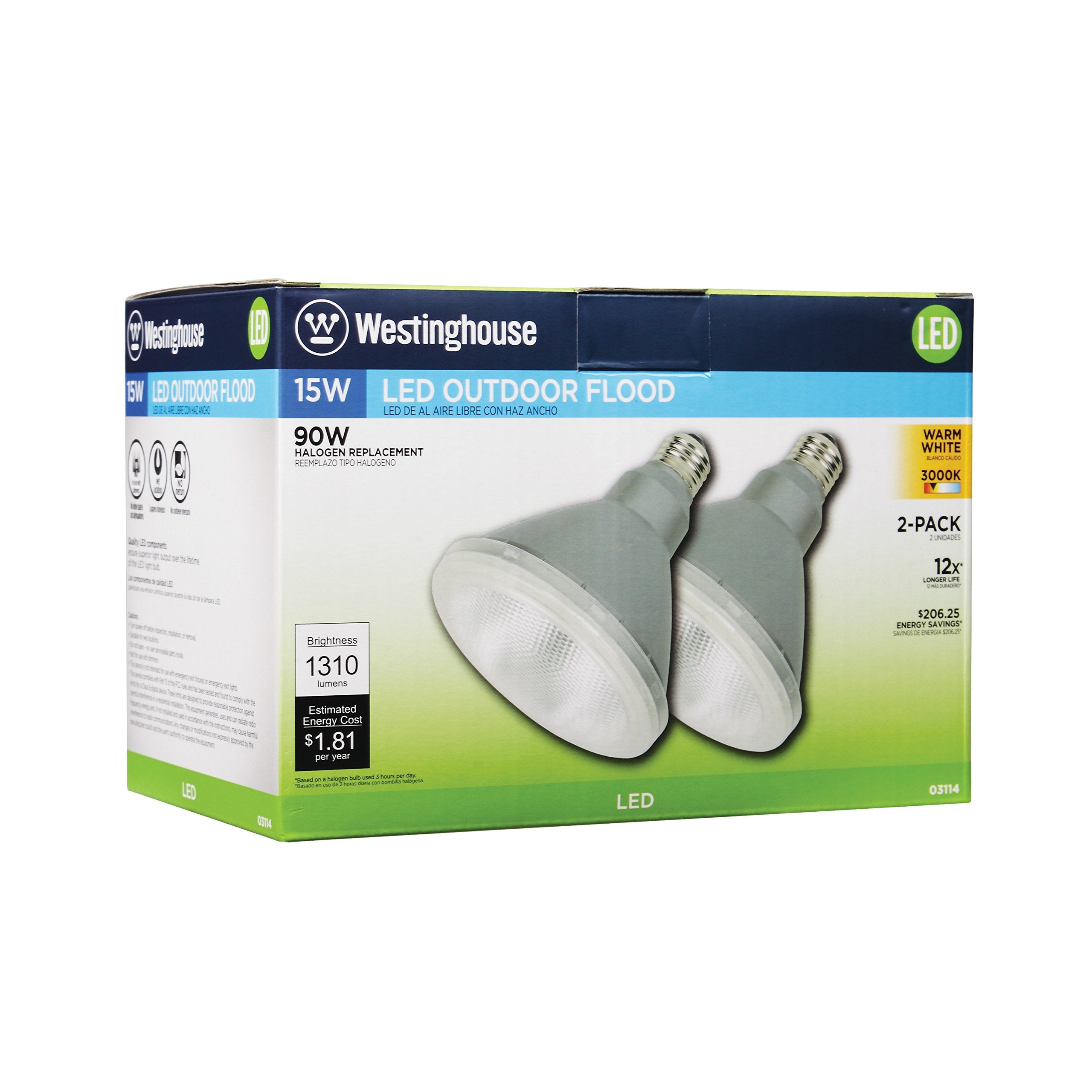 Westinghouse 15-Watt (Replaces 90-Watt) PAR38 Bright White LED Flood Outdoor Wet Location Light Bulb with Medium Base, 2 Pack (0