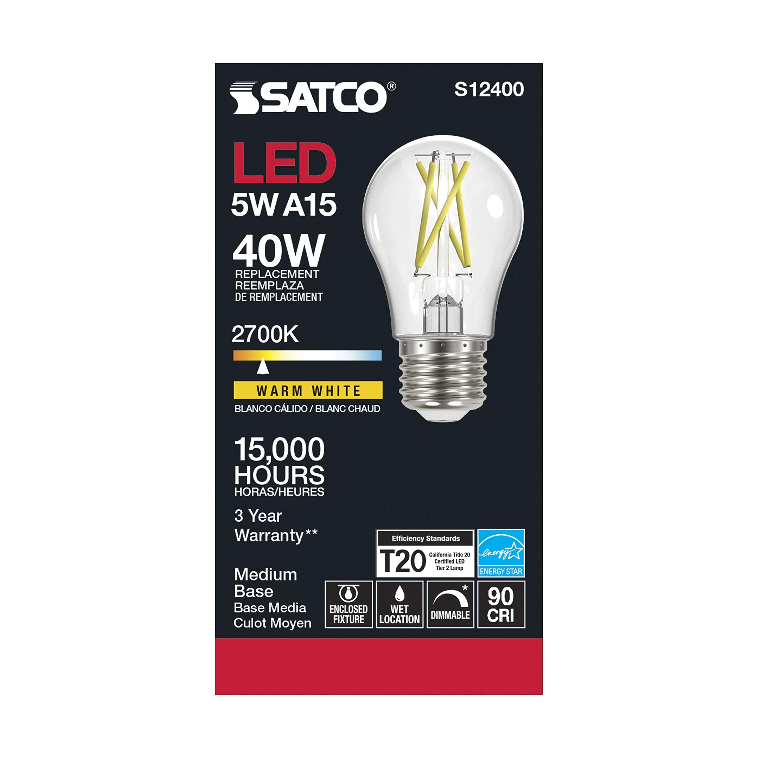 Satco (6 Pack) Vintage Edison Dimmable Led Filament Bulb, S12400, High Lumens, 5 Watt, A15; Clear; Medium Base; 2700K; 90 Cri; 120 Volt For Use At Residential, Hospitality, Display And Commercial