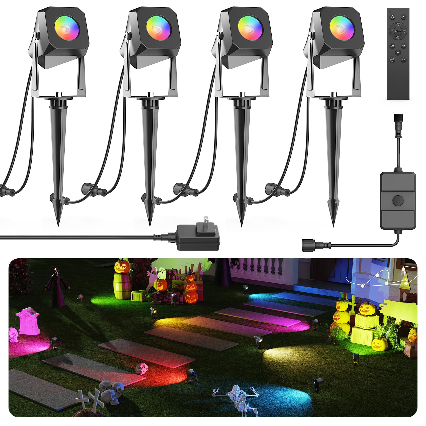 DeckTok RGB Landscape Lighting - IP65 Waterproof LED Spotlights, 4 Pack, Multicolor, Model DP4-RGB