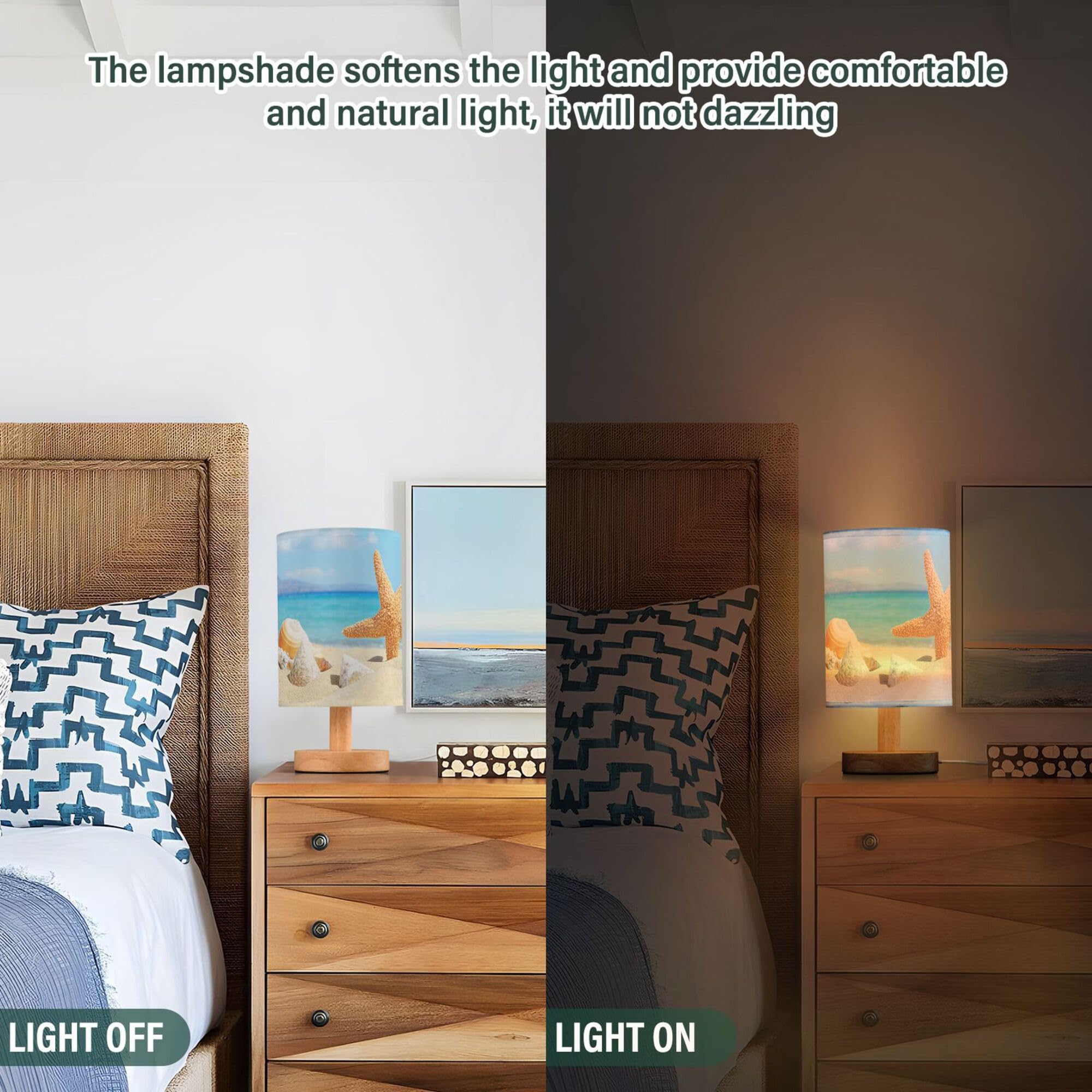 Yyzzh Table Lamp Ocean Beach Starfish Seashell Stone Blue Sky Nightstand Lamp With Wood Base Fabric Lamp Shade Bedside Desk Lamp
