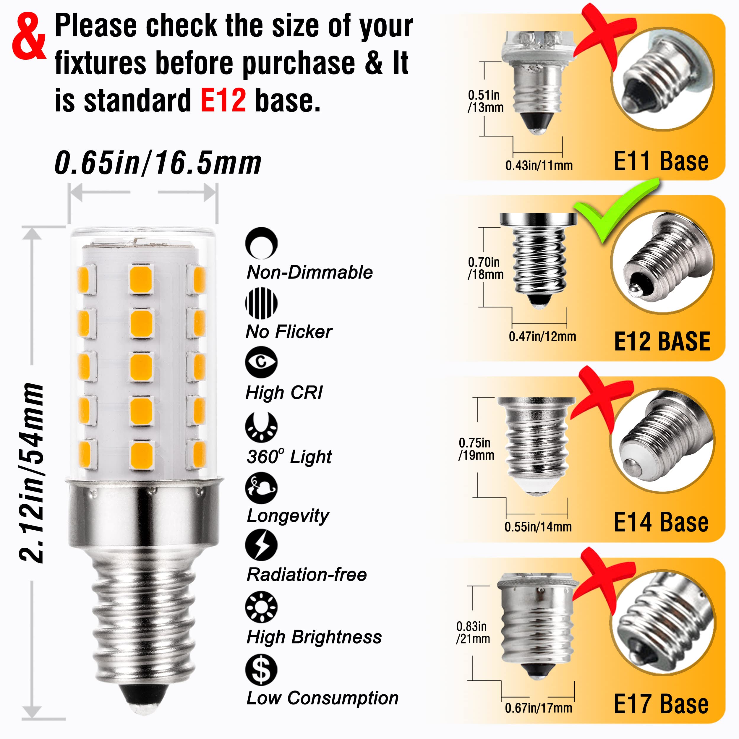 Alide E12 40 Watt Equivalent Led Bulbs,2700K Warm White,E12 T6 C7 4W Led Candelabra Bulb For Ceil Fan Light Chandelier Pendant L