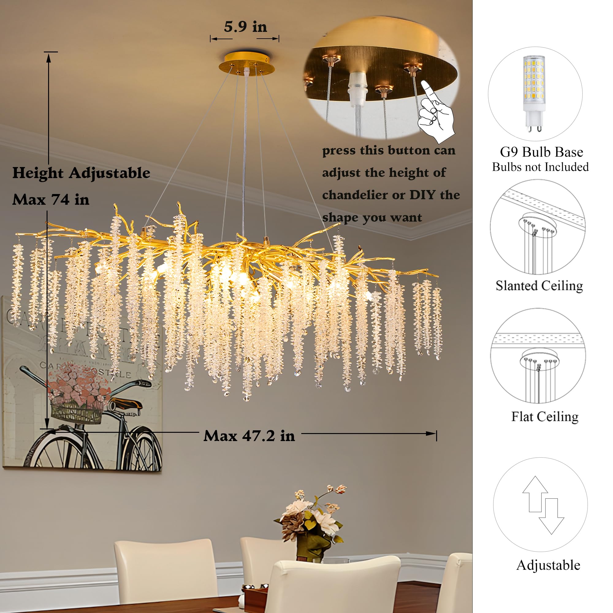 Puvaue Tree Branch Chandelier L47 Luxury Rectangular Crystal Raindrop Pendant Light 13 Lights Kitchen Island Hanging Light Fixtu