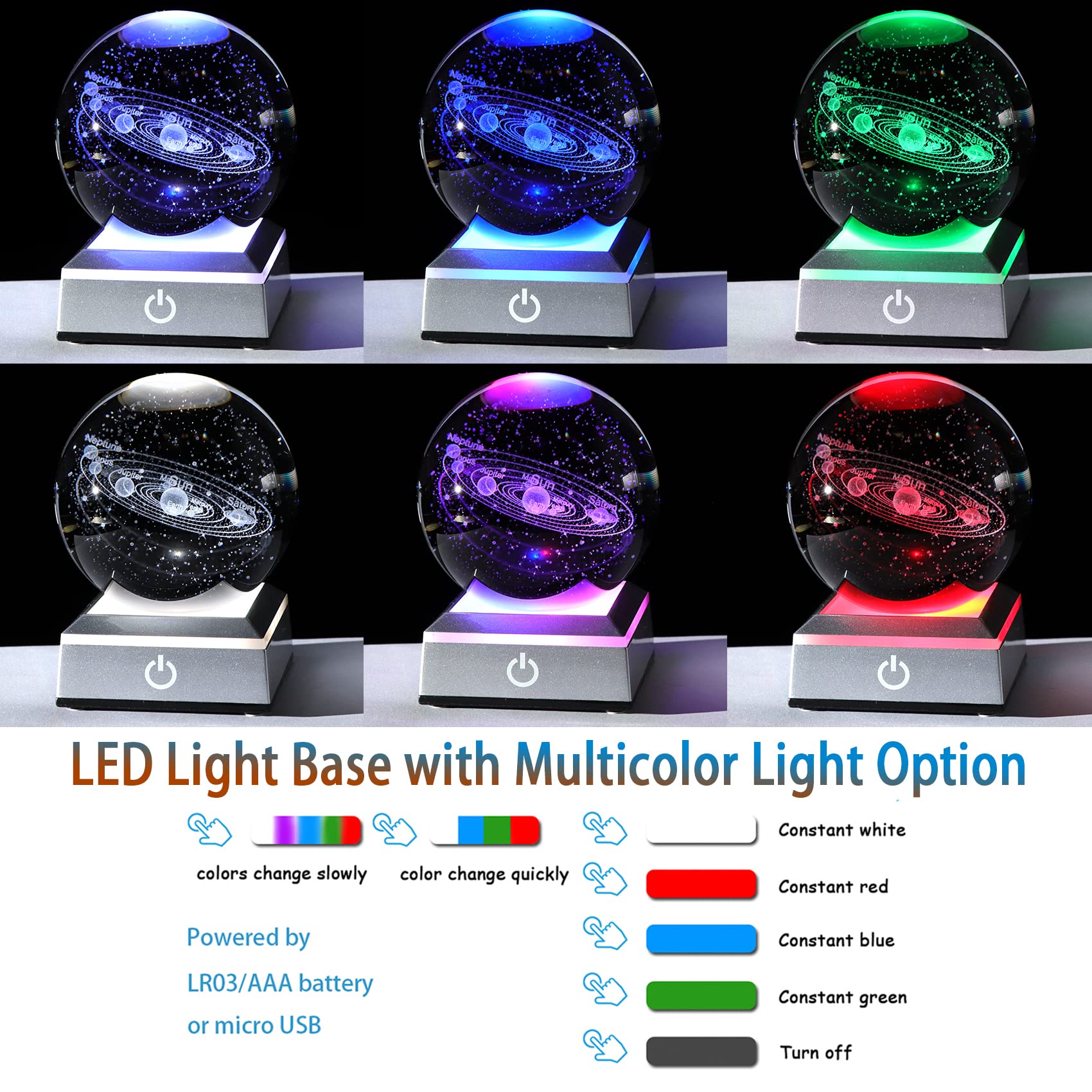 Ornalrist 3.15" K9 Crystal 3D Solar System Ball With Silver Led Colorful Lighting Touch Base, Engraving Solar System Star Planet Model, Science Universe Astronomy Gifts For Astronomy Lovers