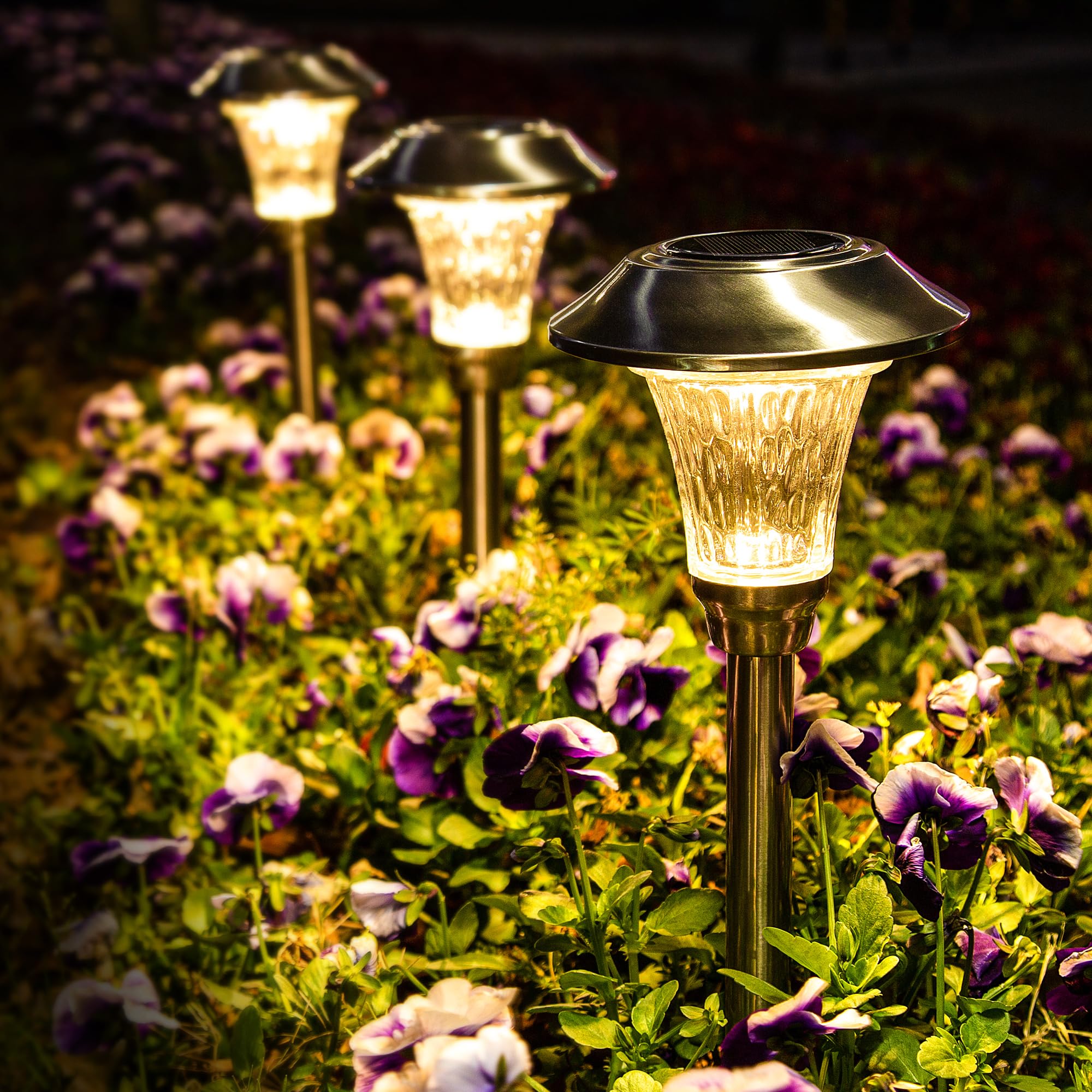 GIGALUMI Solar Pathway Lights 8 Pack, Waterproof Glass & Stainless Steel, Warm White, Model 7002, Outdoor Decor for Patio & Garden