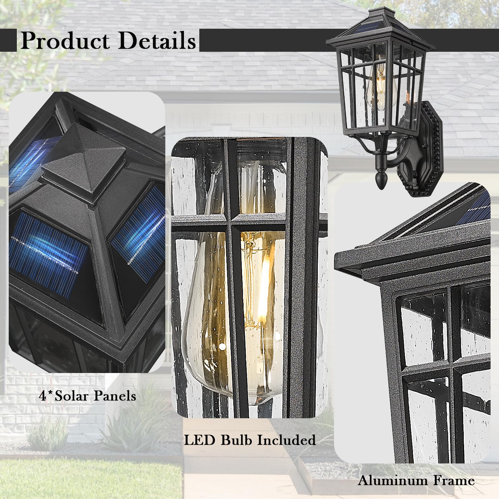 Darkaway Solar Wall Lights - Dusk To Dawn Sconce With Remote Control, Black Aluminum Fixture