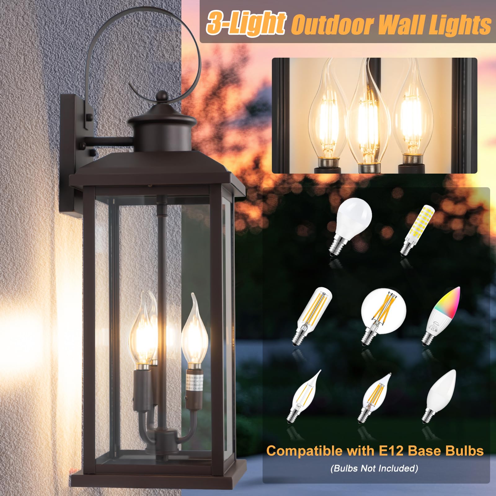 Siafavoi 24 Outdoor Lighting Fixture- Bronze 3-Light Exterior Lighting Fixture Waterproof Modern Porch Sconce  Outside Lantern For House Garage Patio E12 Base