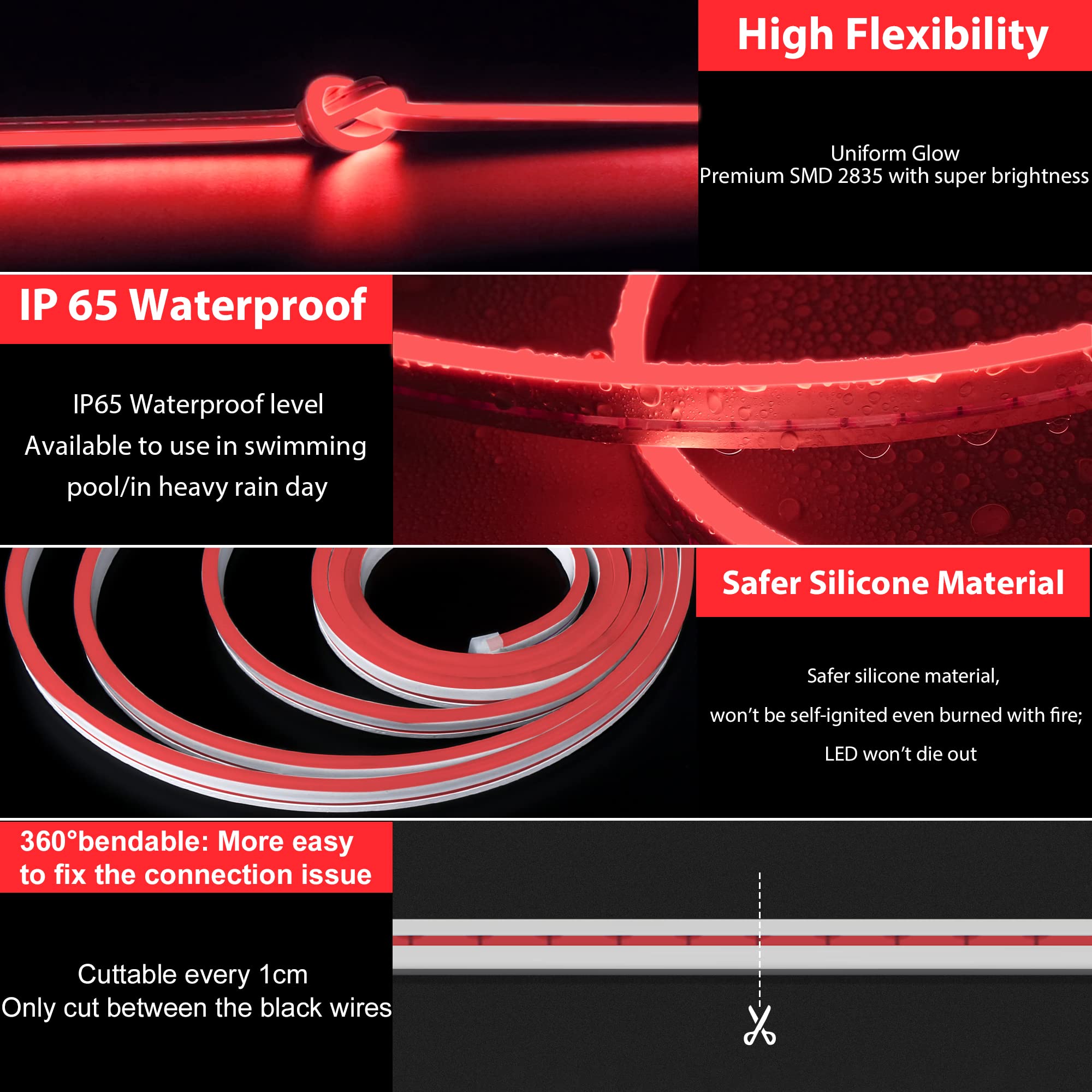 Lamomo LED Neon Flex Light Strip, 16.4ft Waterproof Silicone, Red, Indoor/Outdoor Decoration