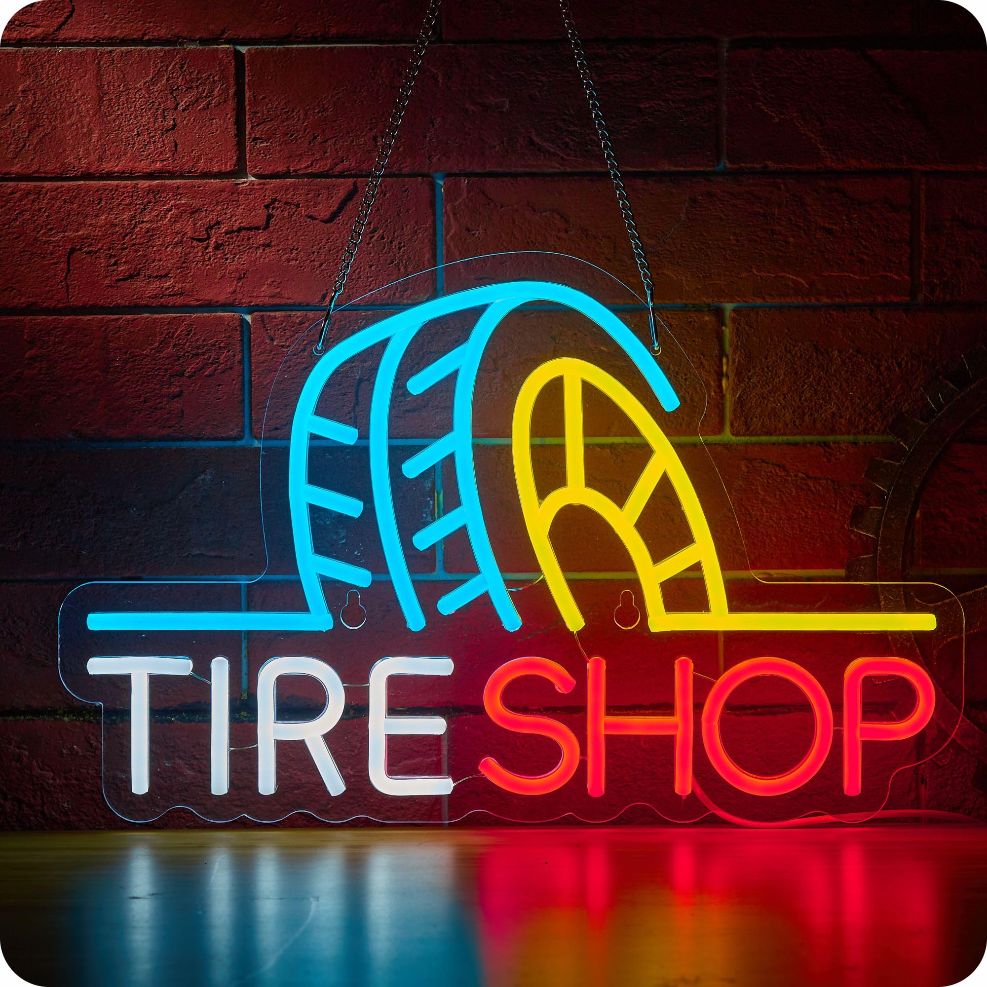 IMTATTO Tire Shop Neon Sign LED Light, Dimmable, 16.5 x 11 inches, Blue/Yellow/Red, Acrylic/Silicon/Steel
