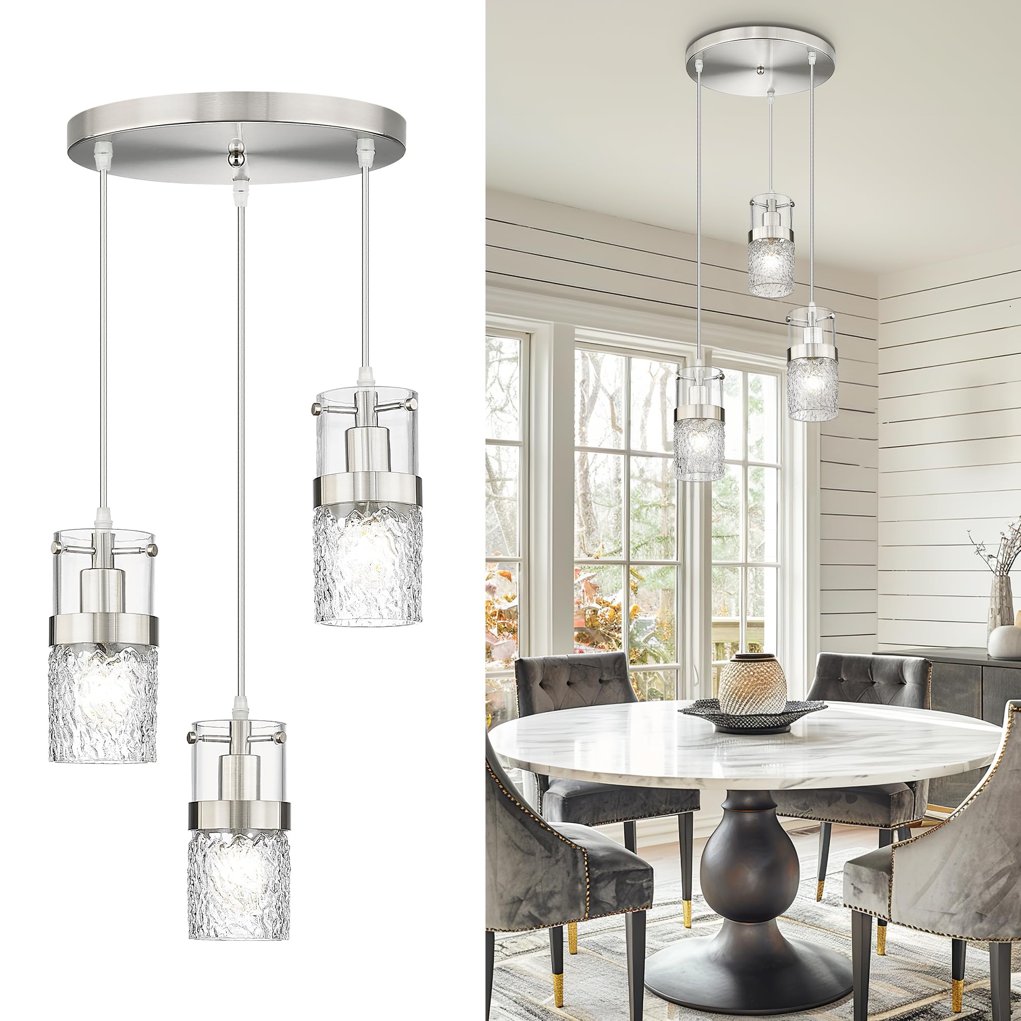 Lms 3-Light Brushed Nickel Cluster Pendant Light Fixtures, Industrial Hanging Pendant Light, Modern Chandelier Lighting For Kitchen Island, Bathroom, Bedroom, Lms-198