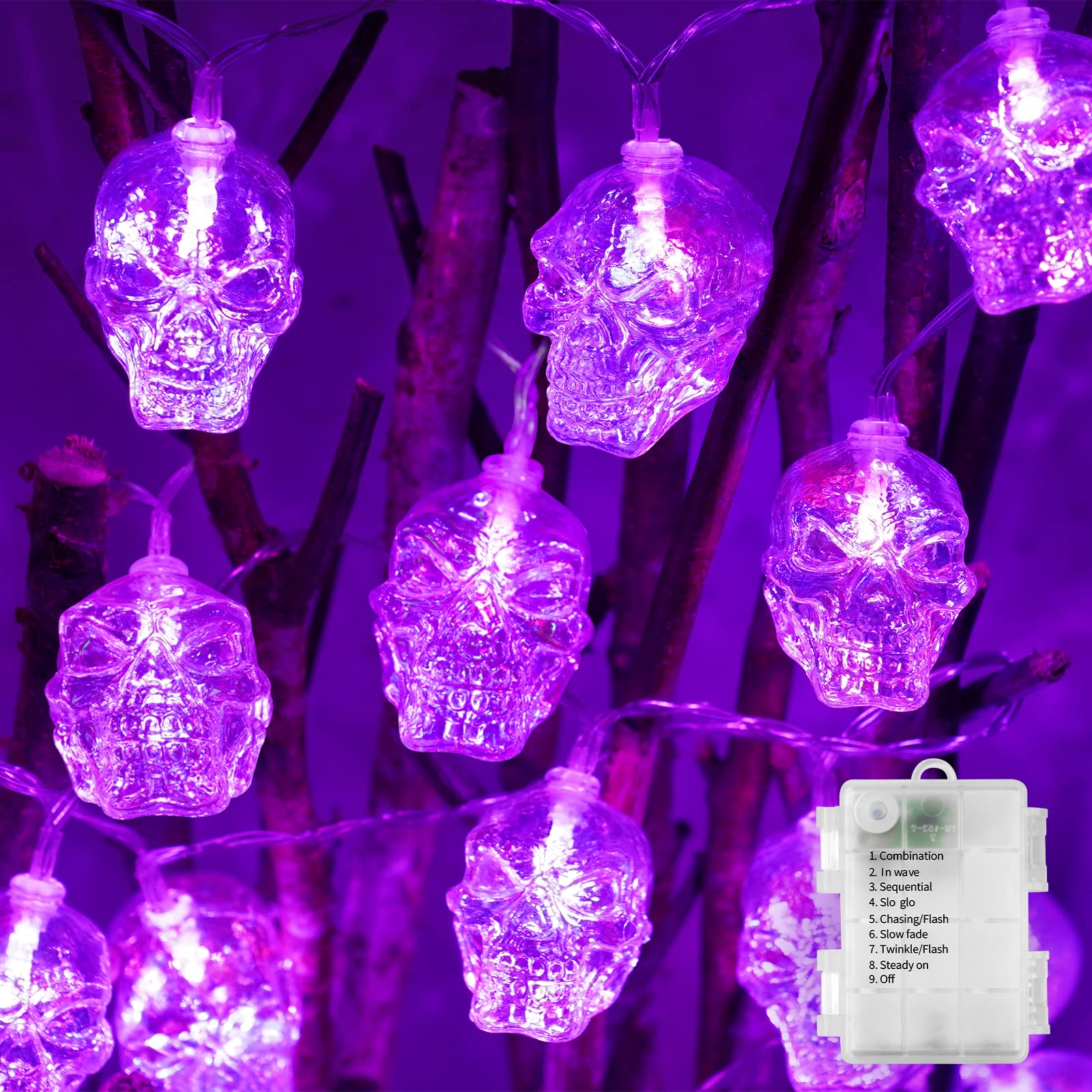 suddus Halloween Lights Indoor Battery Operated, Halloween Skull String Lights Scary Skeleton 20LED, Spooky Halloween Door, Yard, Party, Decoration