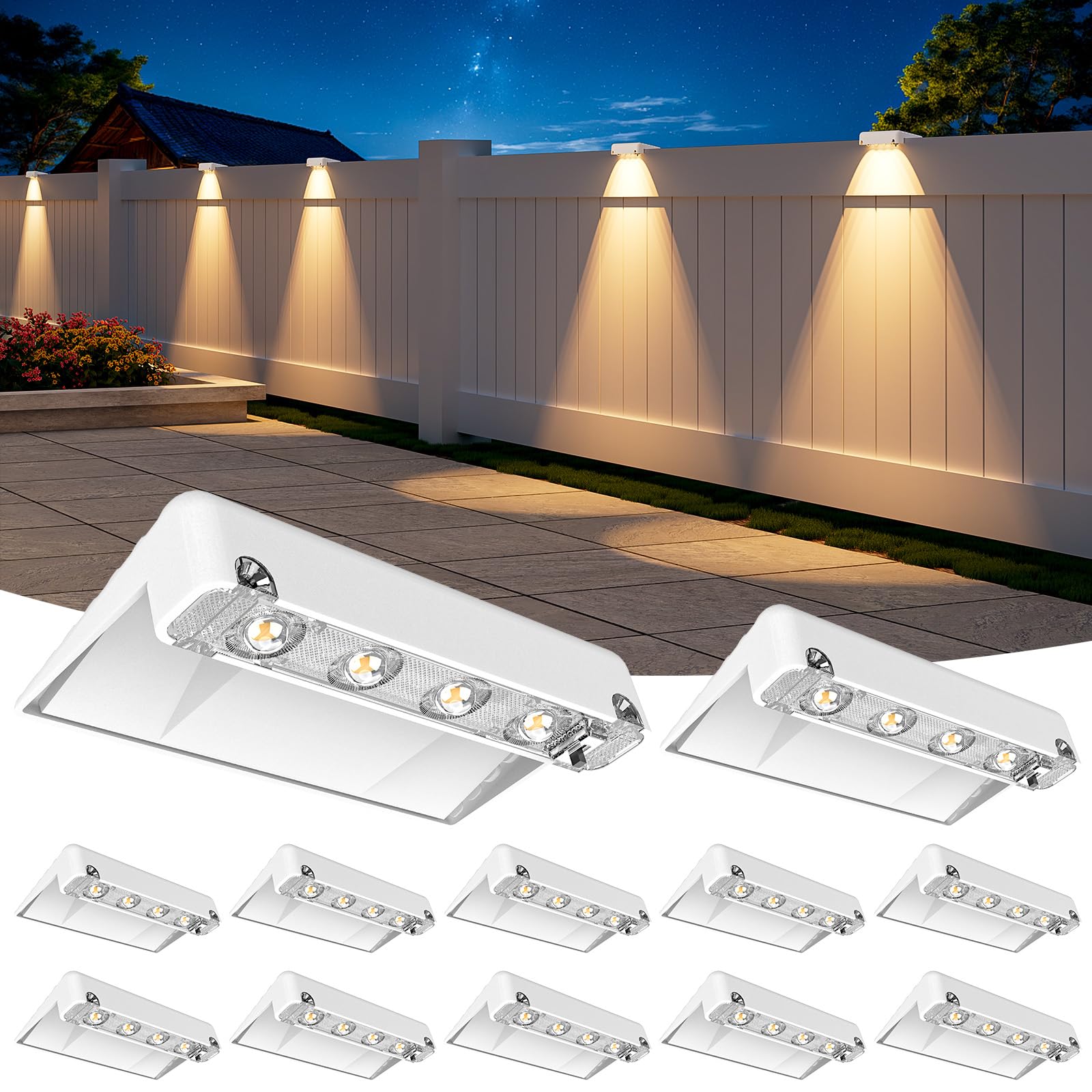 NIORSUN Solar Fence Lights Outdoor 12 Pack  IP65 Waterproof Large Size LED Solar Deck Lights with Lenses  Auto ON Off Warm White Step Lights for Outside  Patio  Fence  Yard and Railing Decor (White)