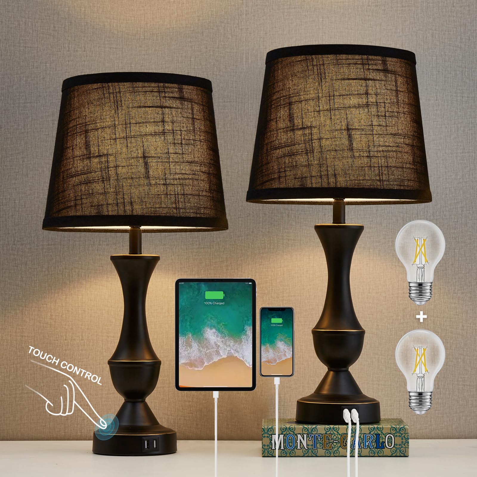 Luvkczc Black Touch Table Lamps Set Of 2, 22 Tall, Usb Charging Ports, Metal, Led Bulb Included