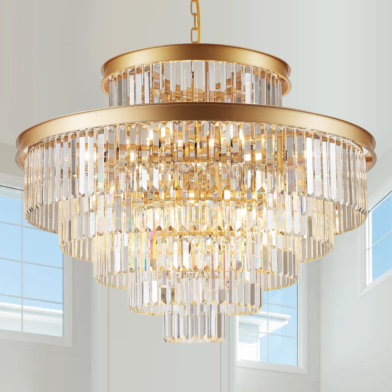 6-Tier Large Gold Crystal Chandeliers 35 Modern Elegant Chandeliers for Staircase K9 Crystal High Ceiling Chandelier 22-Light Round Hanging Pendant Light Fixture for Living Room Entryway Foyer