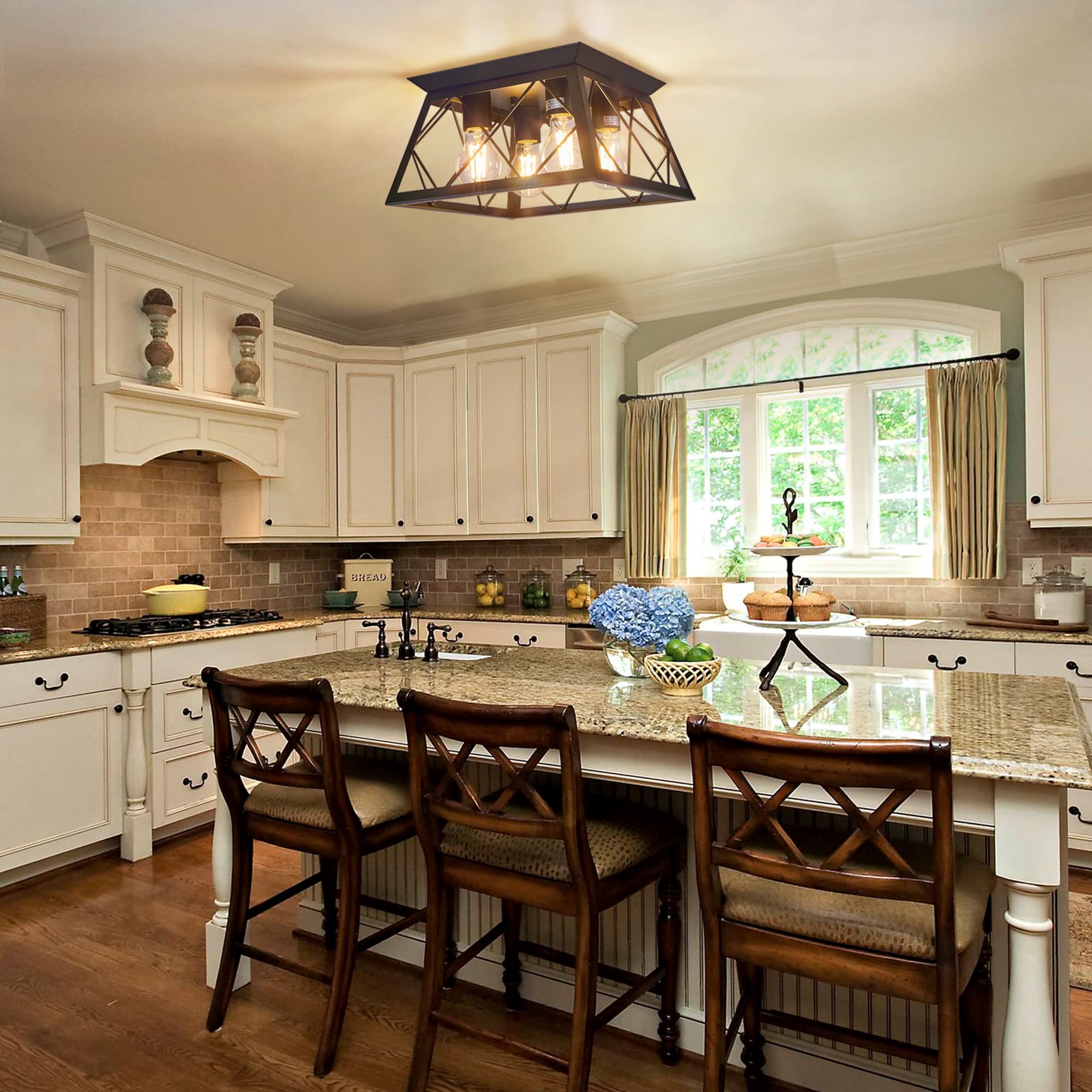 Fadimikoo 4-Light Black Metal Flush Mount Ceiling Light, Industrial Square Cage Design For Kitchen, Dining Room, Living Room