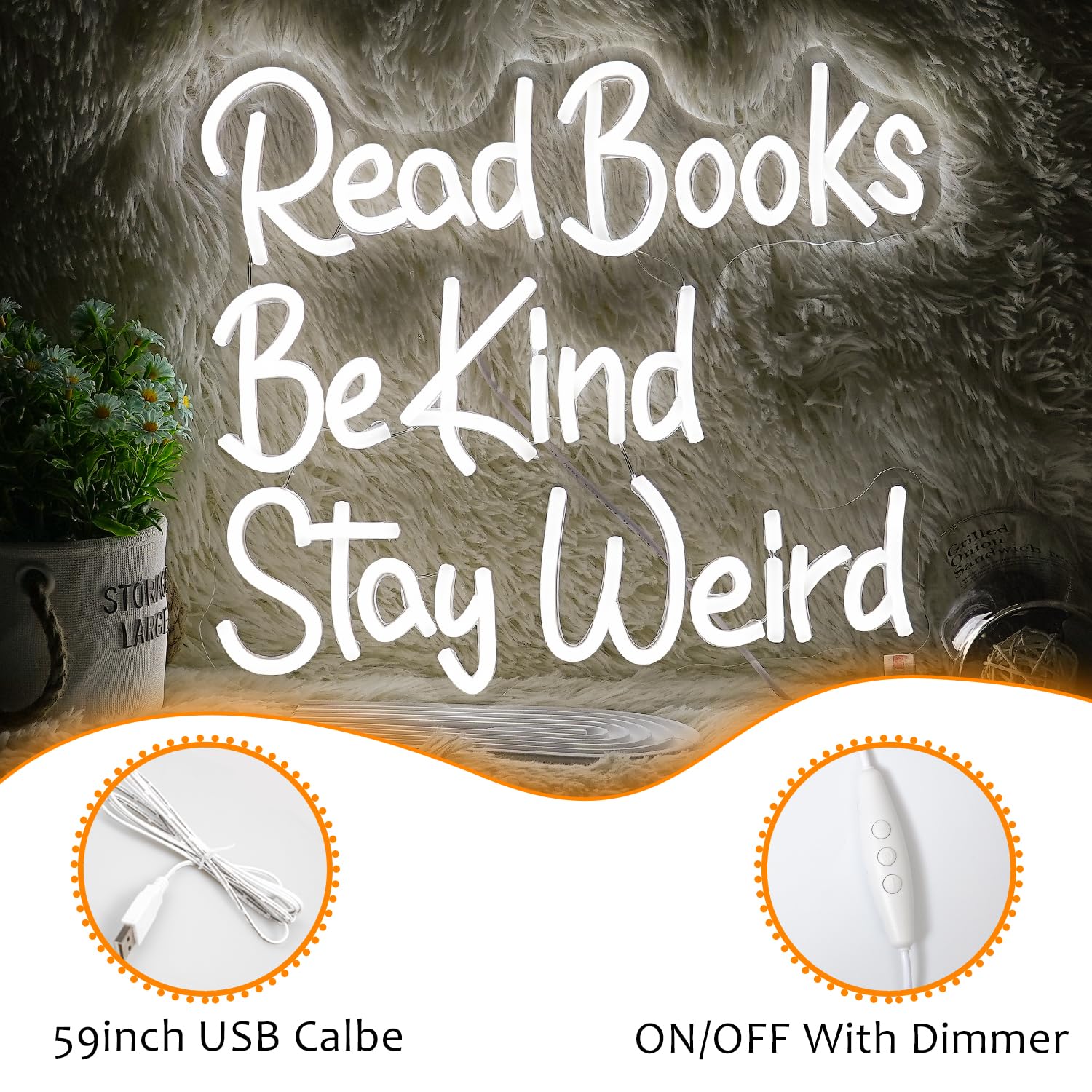 Lisignve Led Neon Sign - Read Books Be Kind Wall Decor, Dimmable, Usb Powered, 14.17X13, White