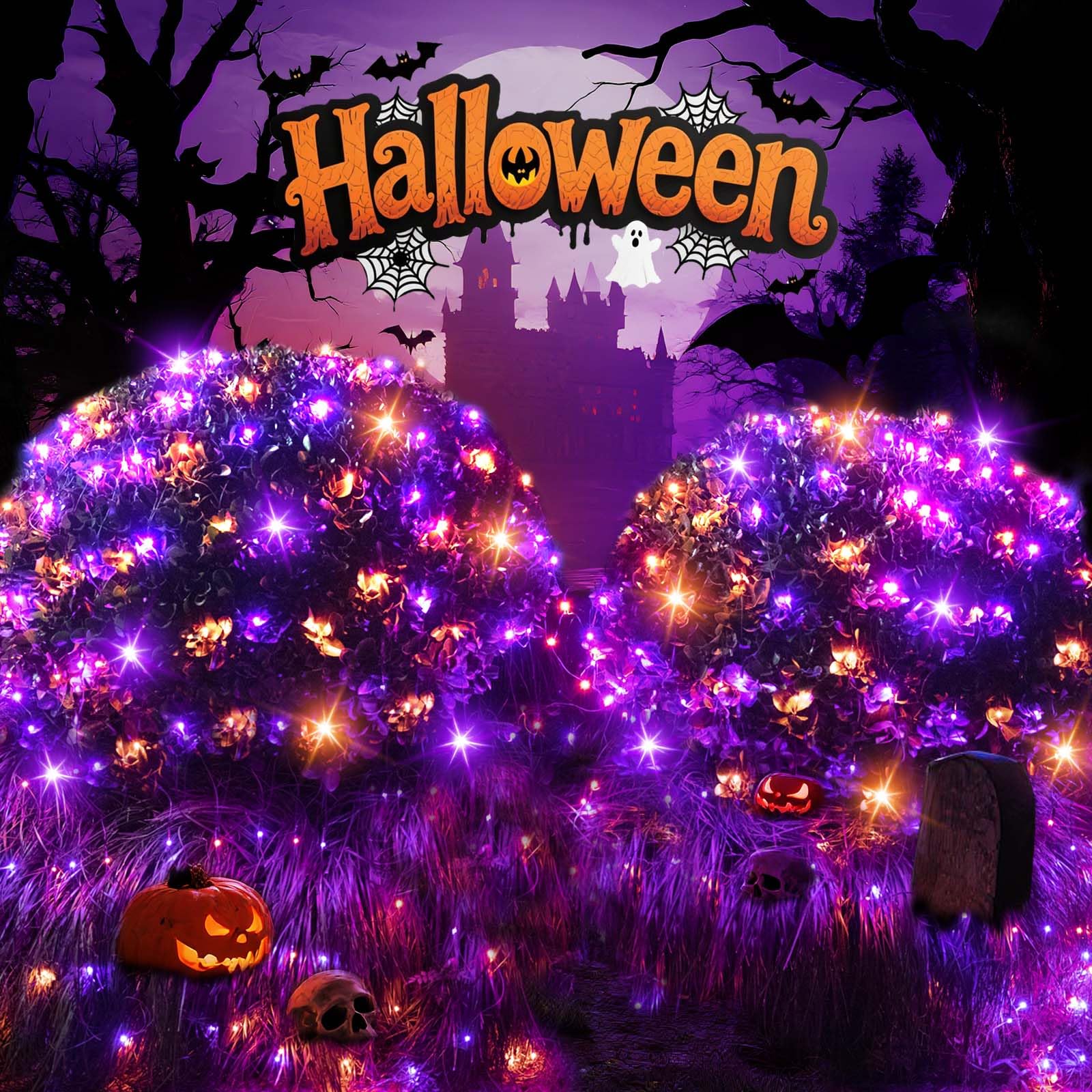 Lithome 21Ft X 5Ft Halloween Net Lights  360 Led Purple Orange Bush Lights With 8 Modes  Connectable Waterproof Net Mesh Light Dark Green Wire For Bushes Shrubs Trees Outdoor Holiday Decor