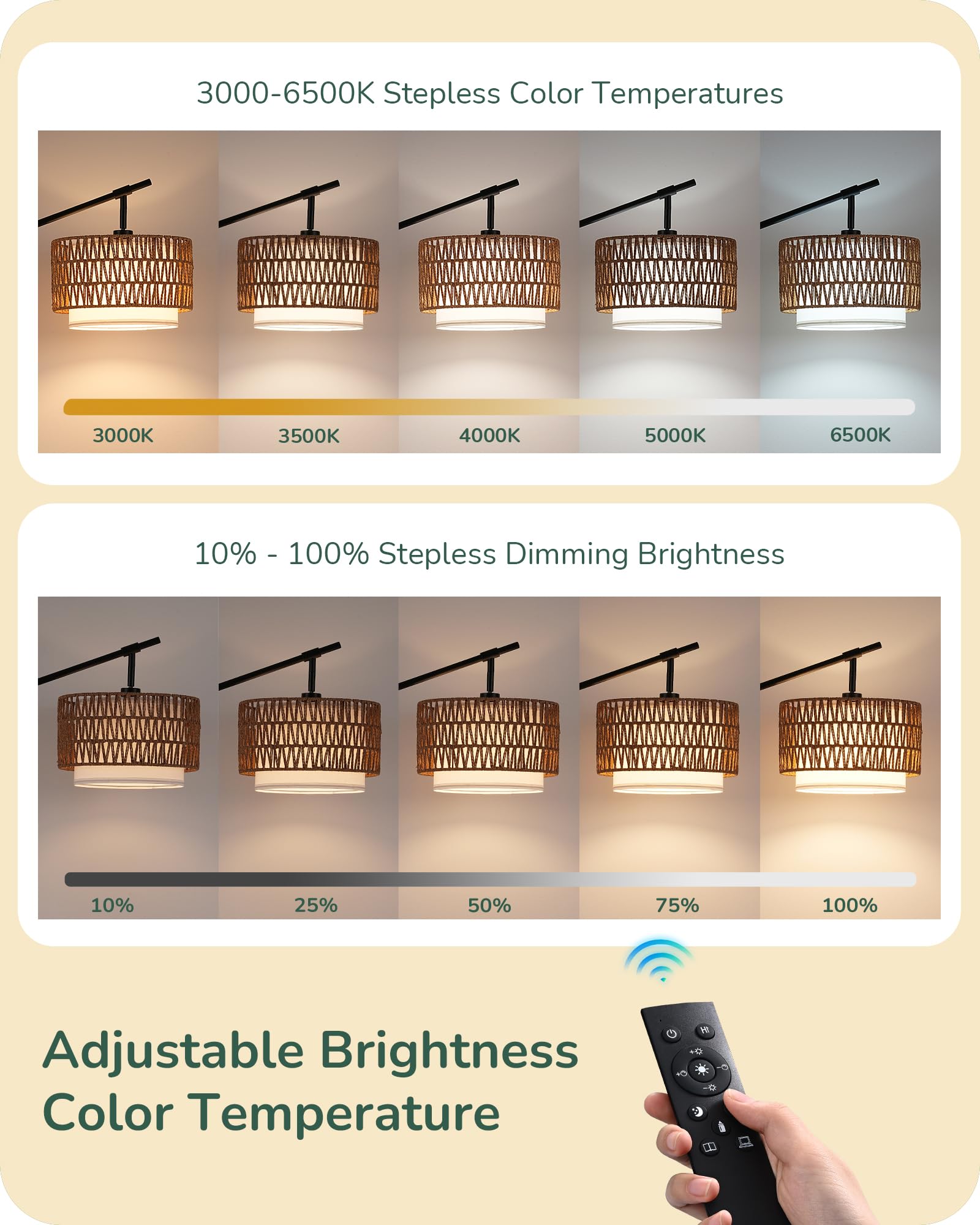 EDISHINE Arc Dimmable Floor Lamp, Black, Rattan & Fabric Shades, 5 Color Temperatures, Adjustable with Remote, Model HFLEA3B