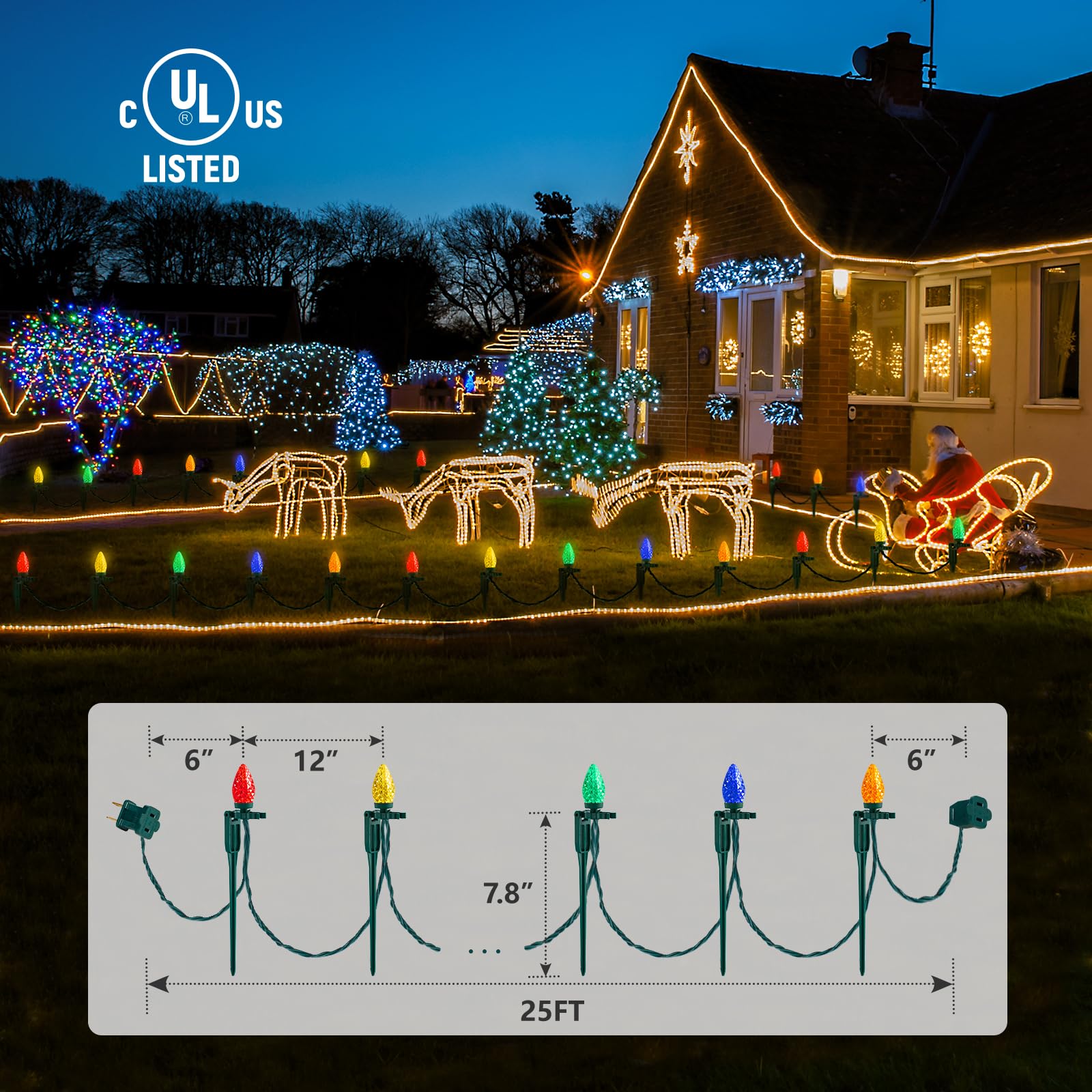 Suraielec 2 Pack Christmas Pathway Lights Outdoor, Total 50Ft 50 Led C9 Christmas Lights With Stakes, Connectable Ground Lights