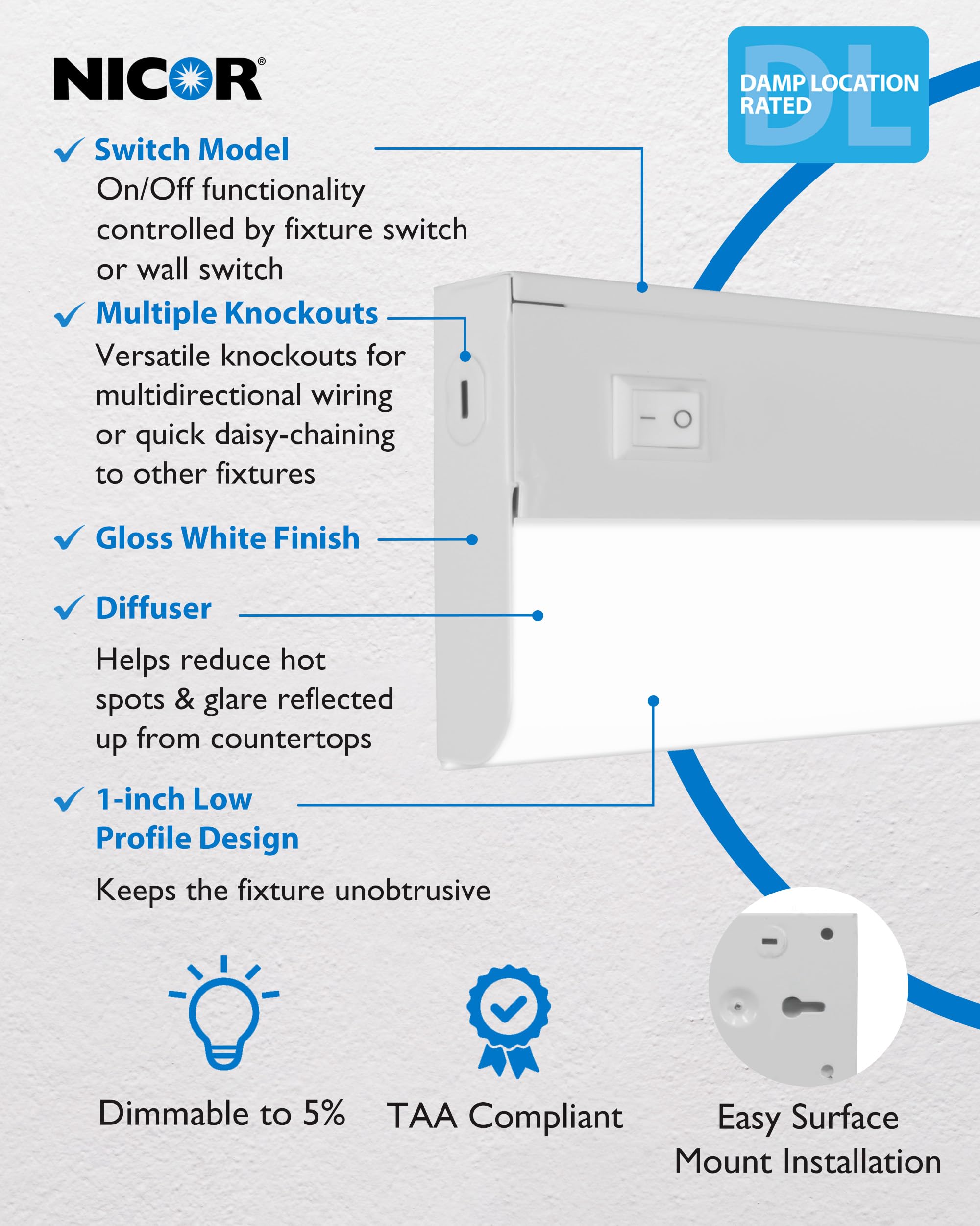 Nicor 9    Led Direct Wire Under Cabinet Light With On/Off Switch - Dimmable Led Lights For Kitchen - Selectable Cct 2700K-5000K