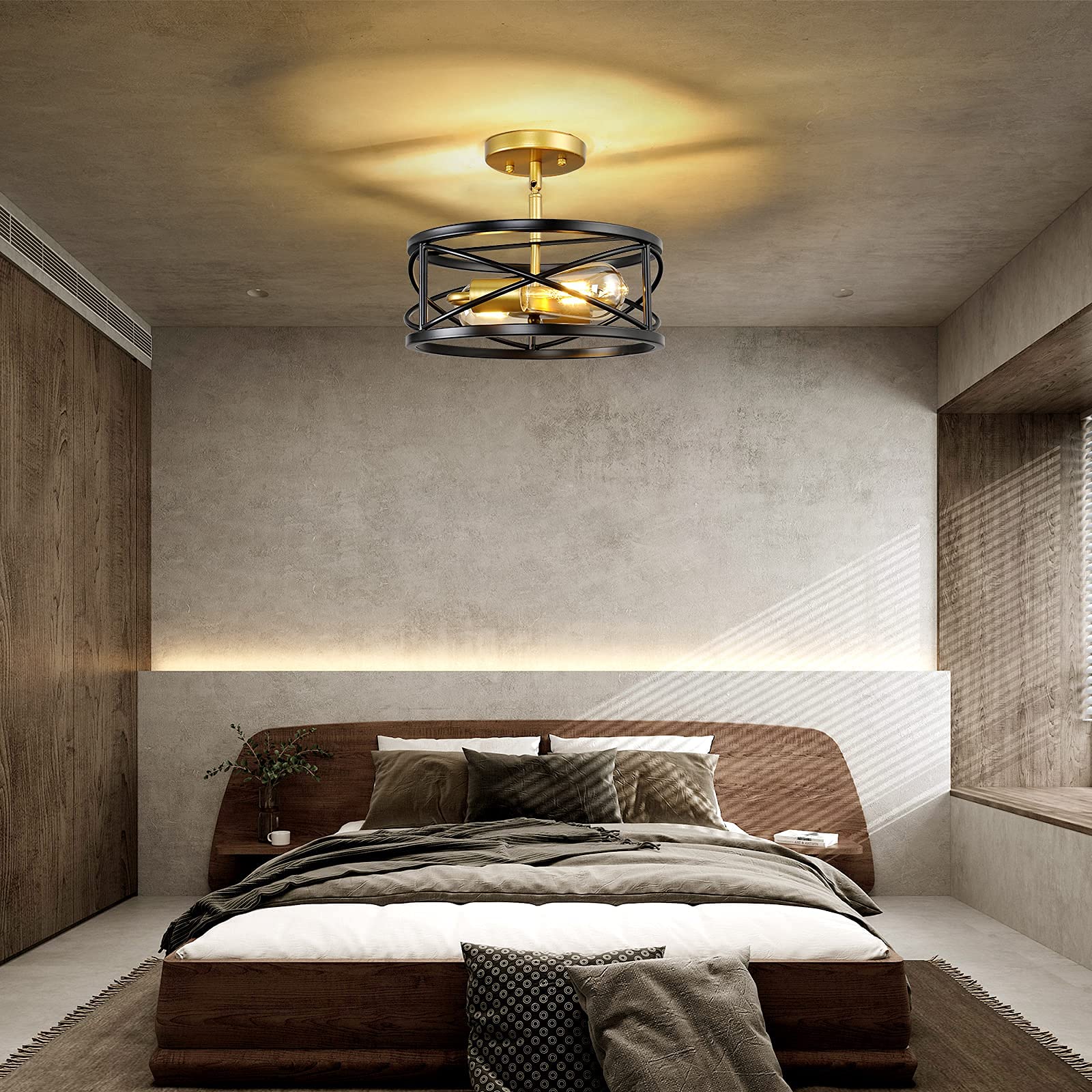 Karjearl 2-Light Semi Flush Mount Ceiling Light, Iron, Small, Black and Gold, Model LT05-BG-2SFC, Modern Farmhouse Industrial Design