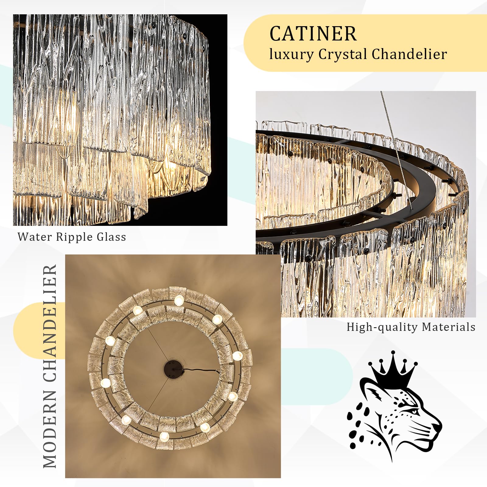 CATINER 24” Black Crystal Glass Chandelier, 10-Light Drum Pendant Ceiling Fixture for Dining Room, Foyer, Living Room, Bedroom
