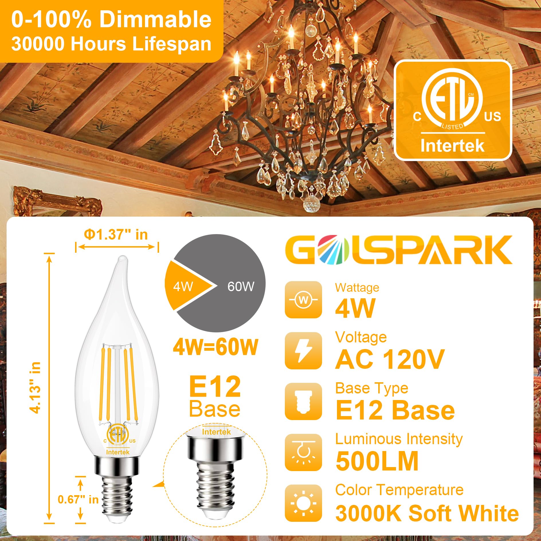 Golspark Candelabra Led Light Bulbs 60W Equivalent, 3000K Soft Light Dimmable Candelabra Bulbs, E12 Led Bulb 4W 500Lm Cri 85 Fla