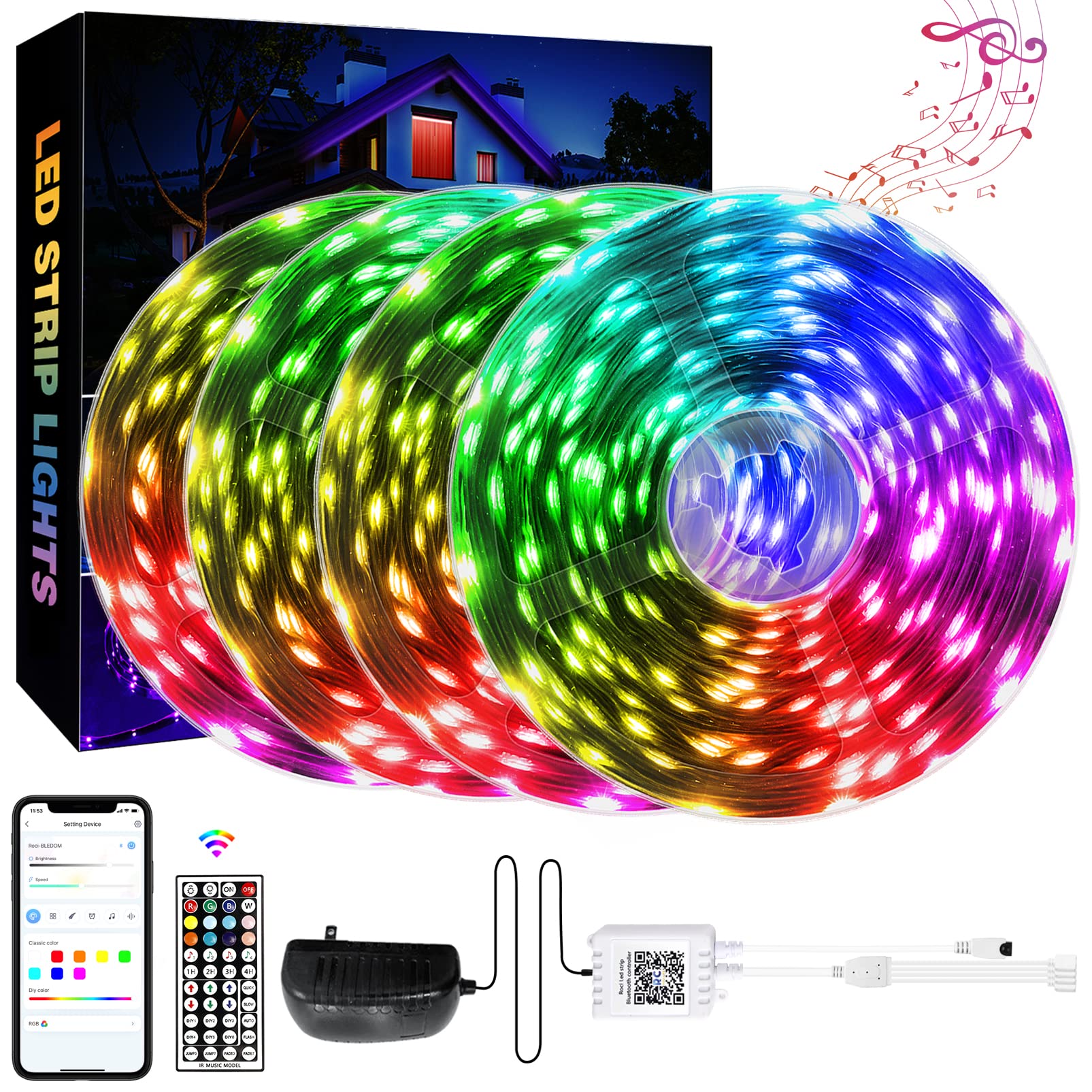 Qzyl Led Lights For Bedroom 100 Ft(4 Rolls), Led Strip Lights With App Control, Sync To Music 5050 Rgb Led Lights With 44 Keys I
