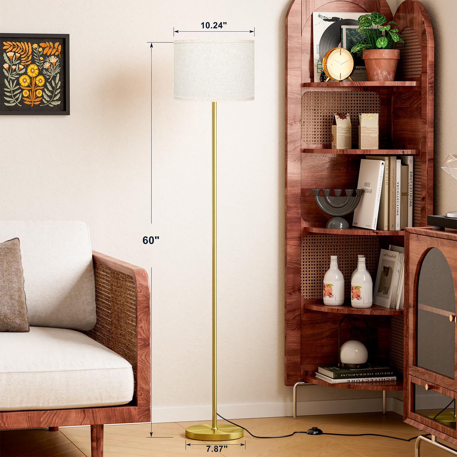 Ambimall 60in  Modern Floor Lamp, Metal with Beige Shade & Brushed Gold Pole, Model RPT-ZGB129, Ideal for Living Room, Bedroom, Office