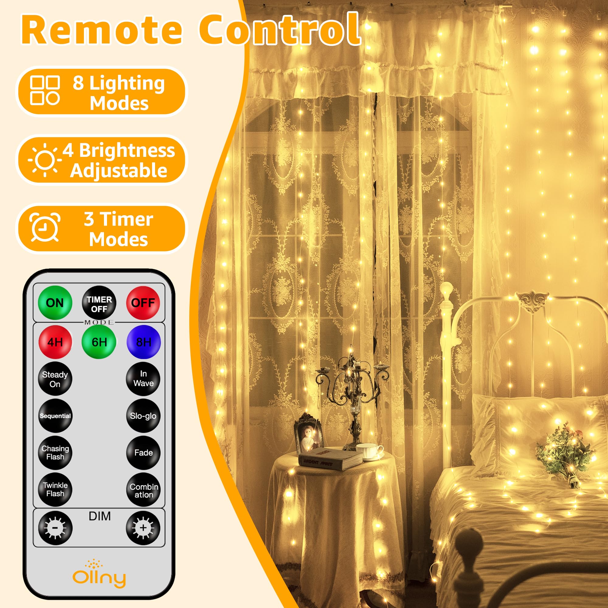 Ollny 600LED Curtain Lights, IP67 Waterproof, 19.7ft x 9.8ft, Warm White, Remote Control, 8 Modes, Model NYB0600F
