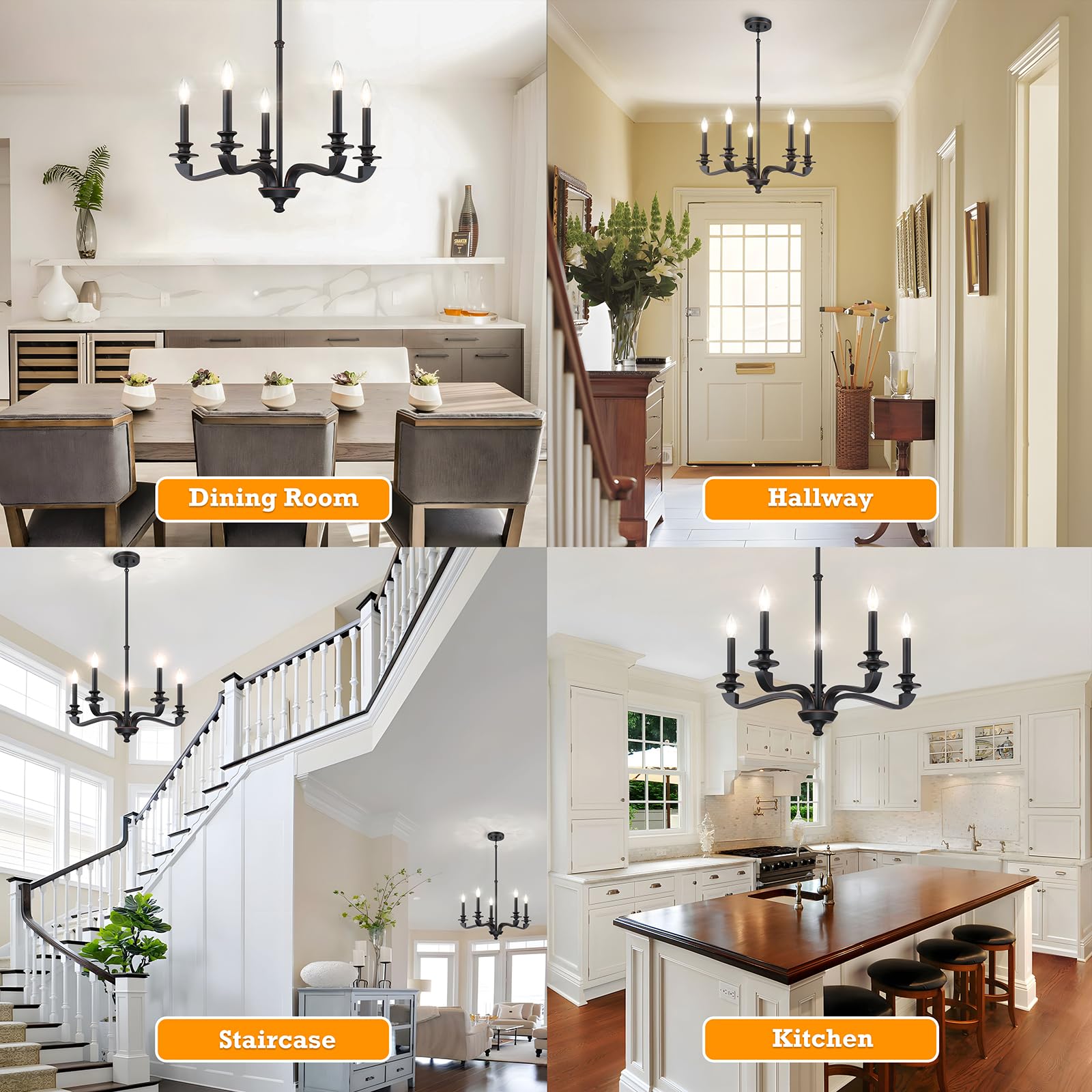 senroyal 5-Light Black Chandelier Light Fixture, Modern Farmhouse Style, Alloy Steel, 25.5 Inch, E12 Base, Model 580252