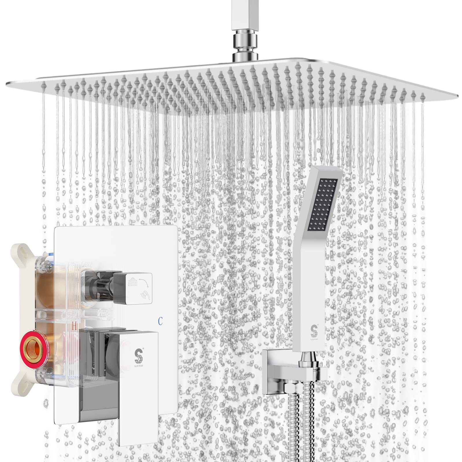Sr Sun Rise Srsh-C1003 Ceiling Mount Bathroom Luxury Rain Mixer Shower Combo Set Rainfall Shower Head System 10 Inch Polished Ch