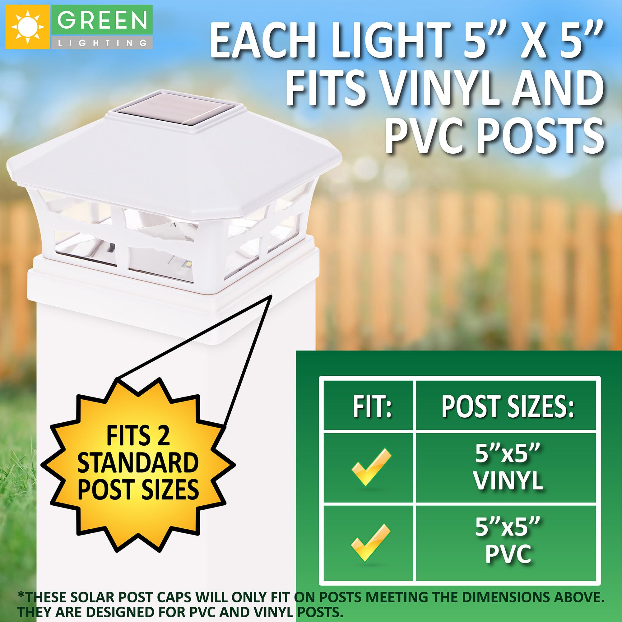 GreenLighting Solar Post Cap Lights, Waterproof White, 5x5 PVC/Vinyl, Bright LED, 4 Pack, Model GL-22387