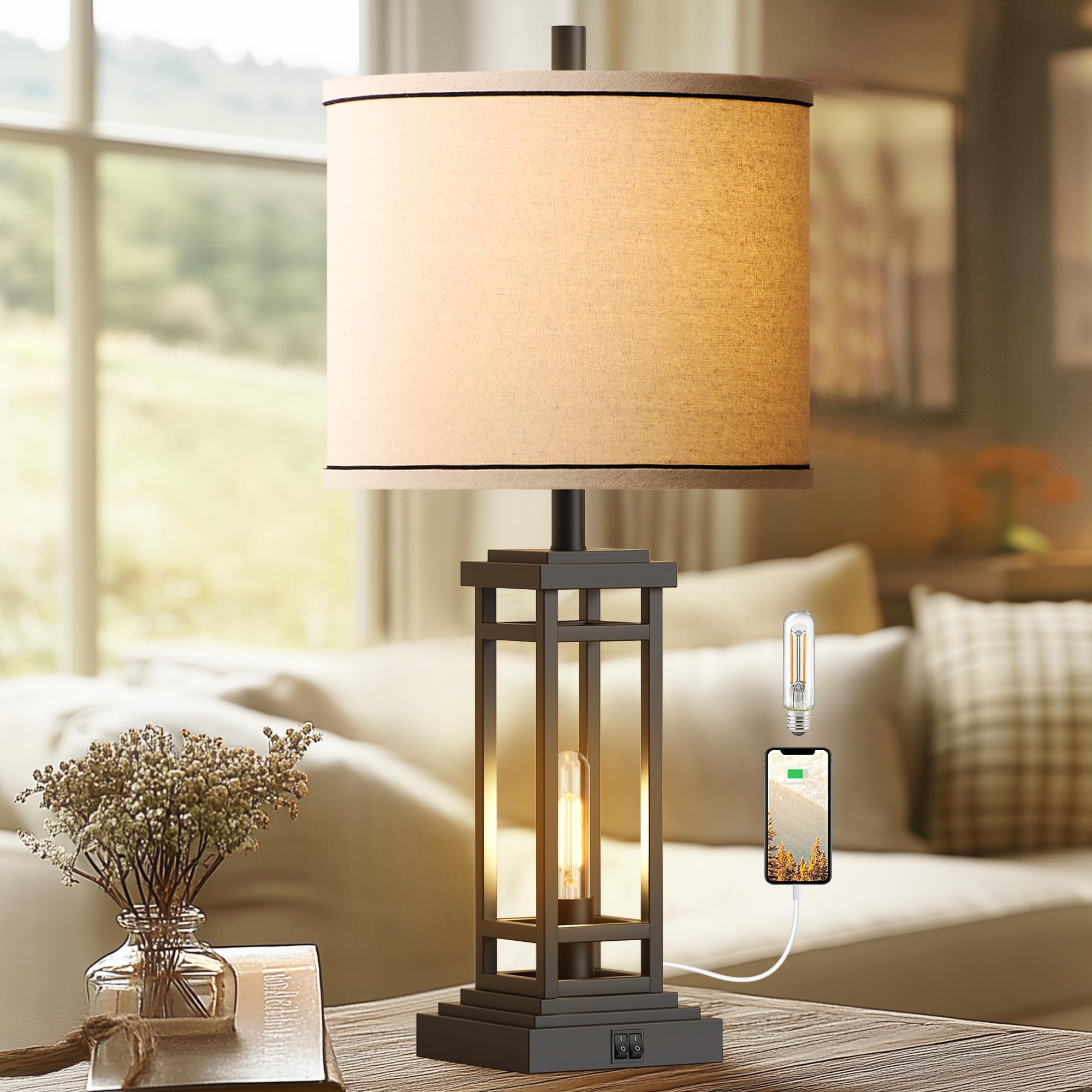 ROTTOGOON 27.5in Farmhouse Table Lamp, Metal, USB C & A Ports, Black, Model ROLP380AB1