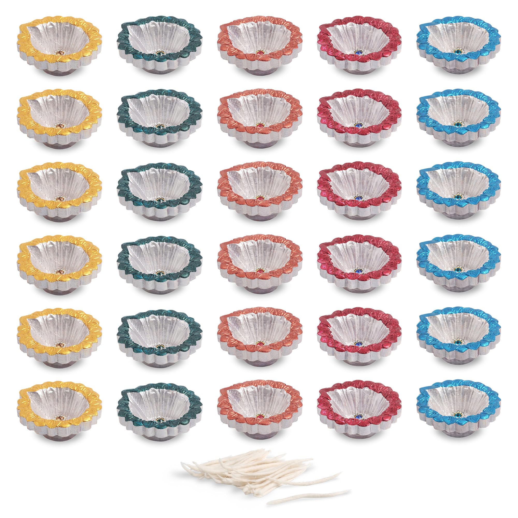 KSJONE 30 Pcs Hand Painted Diwali Decoration Diwali Clay Diya with Cotton Wicks Oil Lamp Indian Festive Home Decoration Traditio