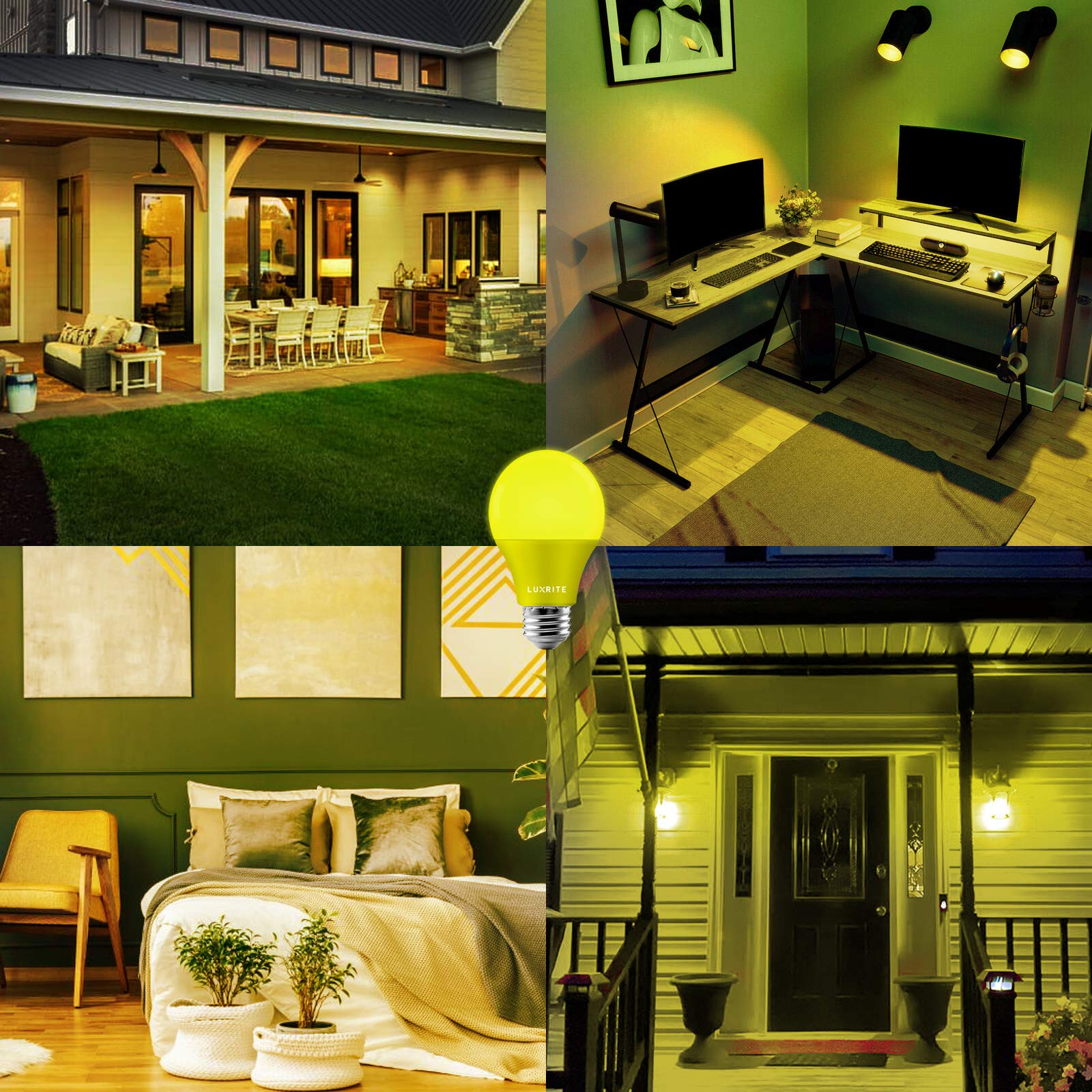 LUXRITE A19 Yellow LED Bug Light Bulbs, 60W Equivalent, Non-Dimmable, E26 Base, 6 Pack