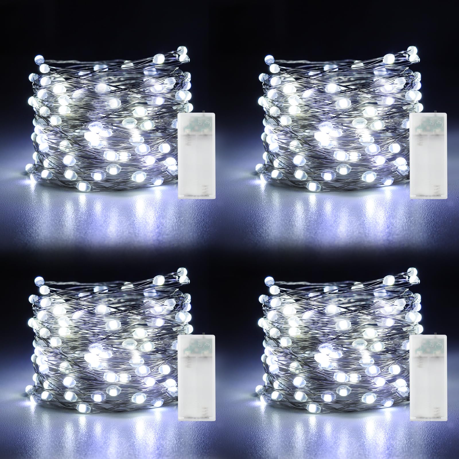 Mandiq 4 Pack Fairy Lights Battery Operated, String Lights 10ft 30 LEDs, Flashing and Constant Light Mode, Silver Wire Mini Ligh