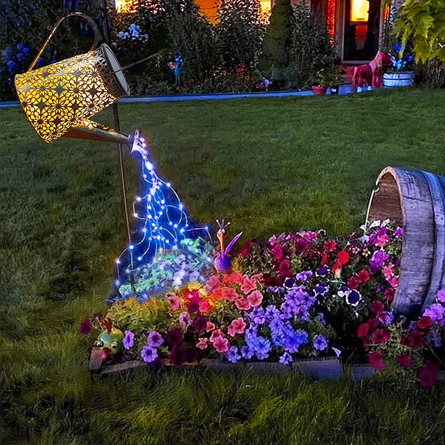 Vcdsoy Solar Watering Can Lights, Large Metal Outdoor Hanging Light, Waterproof, Blue, Model XM-21-TYSHD-1-LS-AL