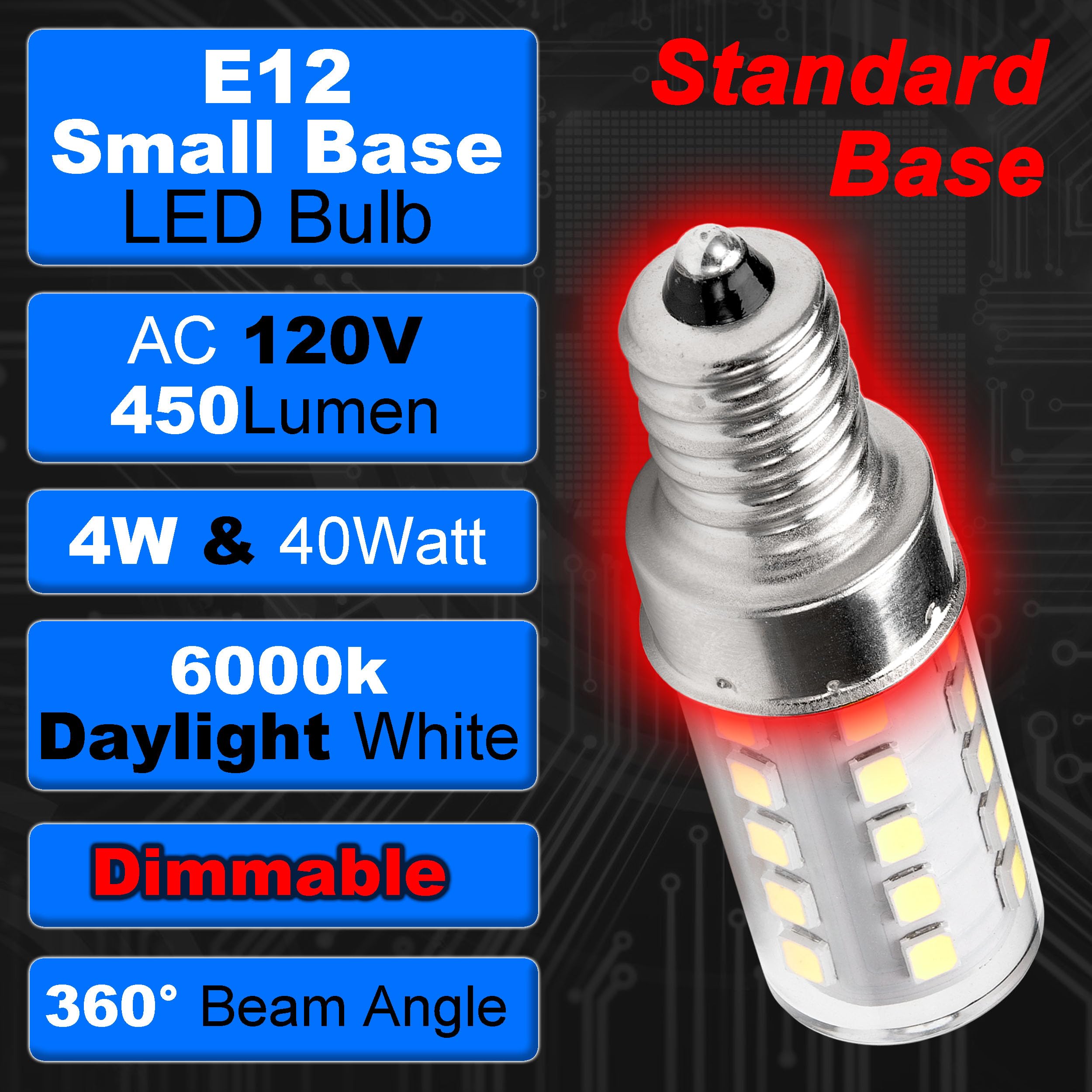 Hylroe E12 Candelabra Led Light Bulbs Dimmable 4W Equivalent 40 Watt 450Lm 6000K Bright Daylight White Candle Bulbs For Chandeli