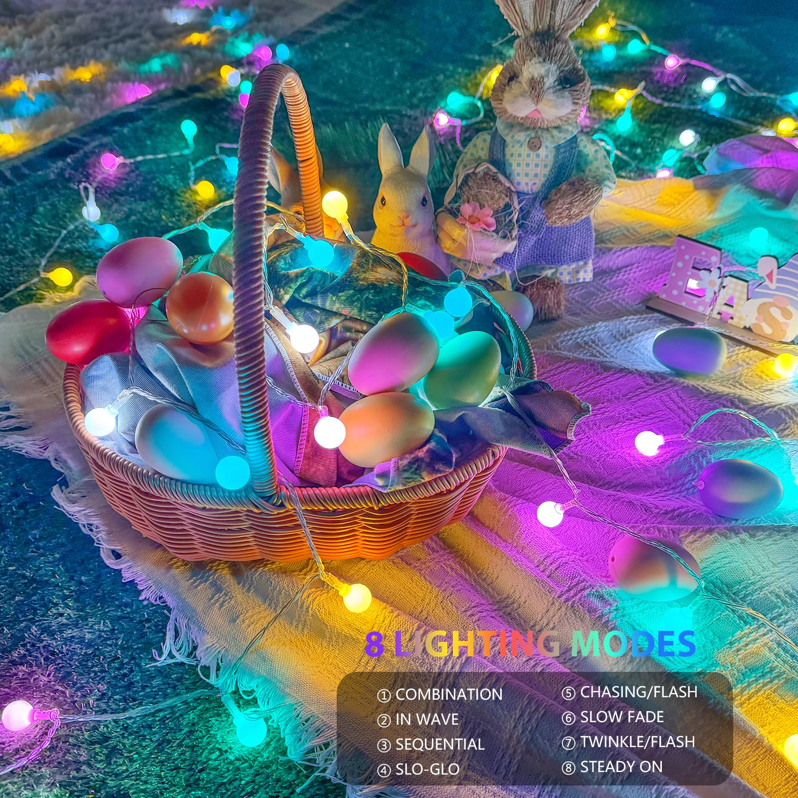 Easter String Lights Outdoor Indoor, 33Ft 100Led Easter Pastel Lights With Timer, 8 Modes Plug In Multicolor Easter Globe Lights