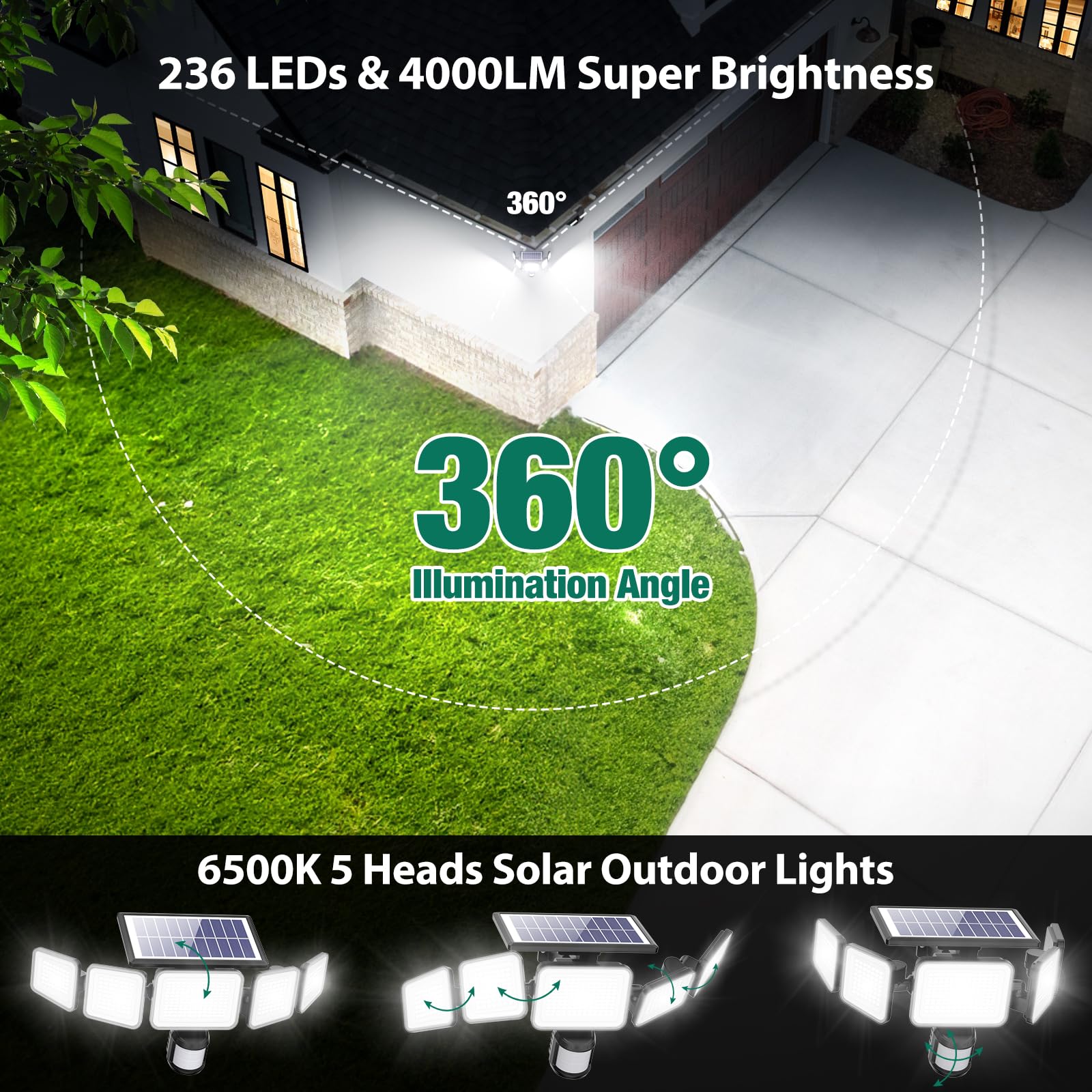 4000LM Solar Lights outdoor, 5 Adjustable Heads Solar Motion Sensor Lights, 236 LEDs 3 Brightness Mode, Waterproof Security Wall