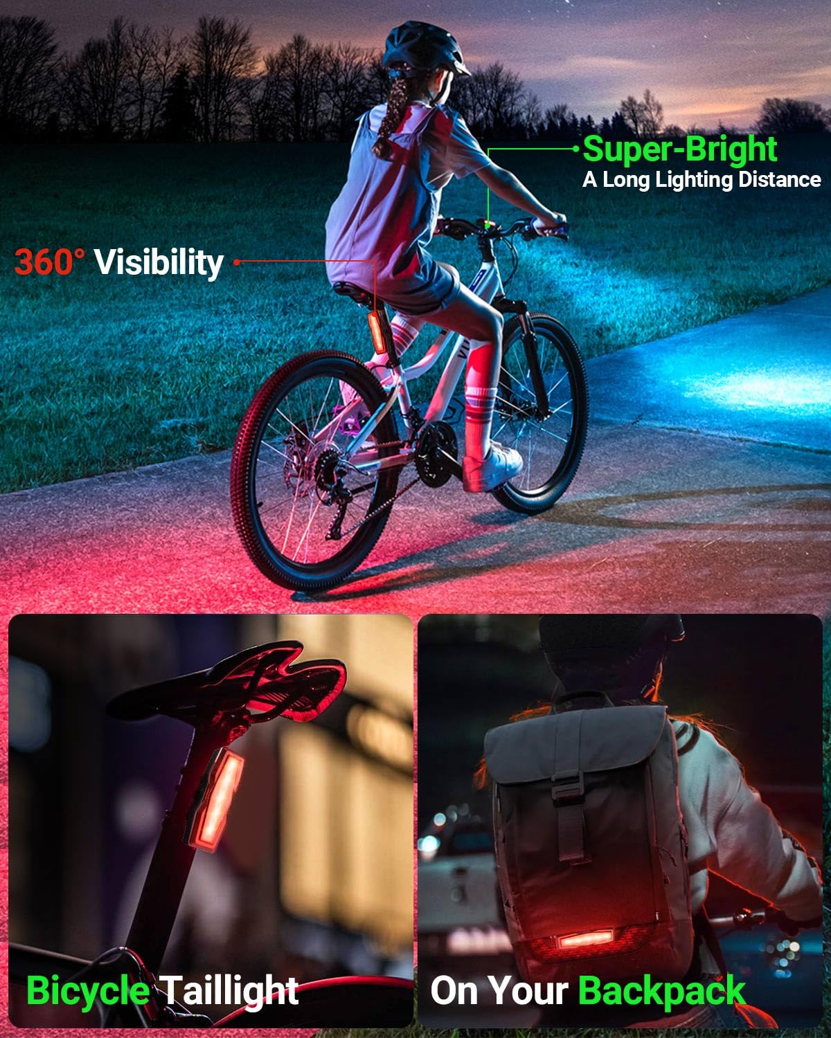 Victoper Red Bike Light Set - USB Rechargeable, Waterproof, 6+4 Modes, Super Bright 2 LED Headlight & Taillight for Night Riding