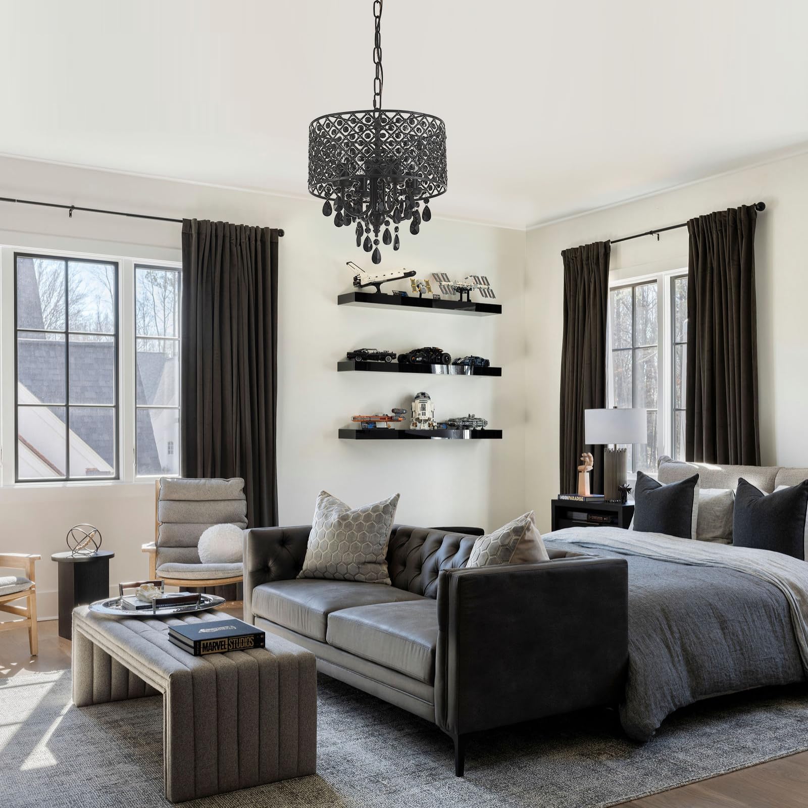 Viluxy Crystal Chandelier For Dining Room Black Smoke Ceiling Pendant Lighting Modern Crystal Hanging Light Fixture Small Drum C