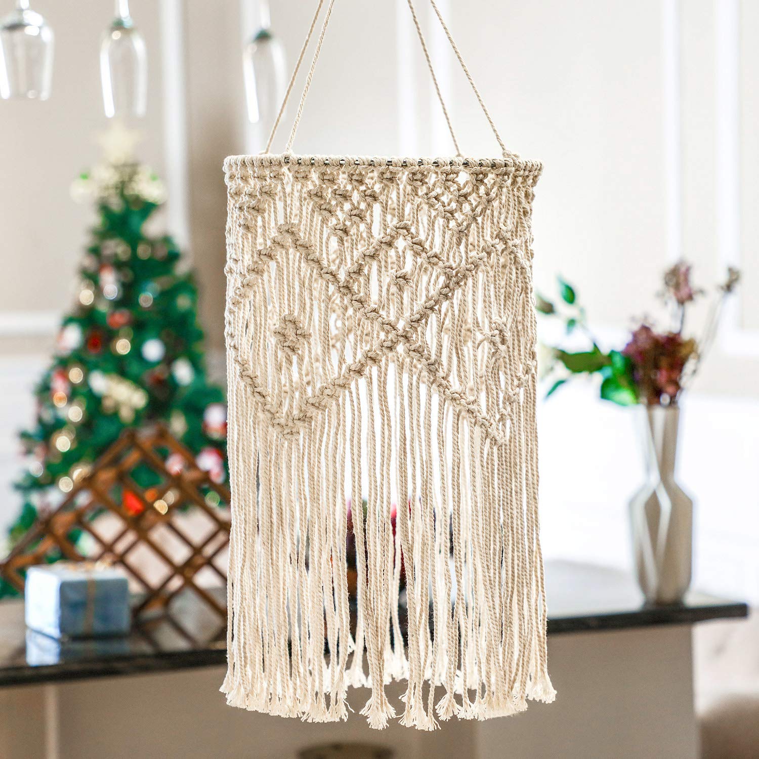 Boao Boho Hanging Lamp Shade Macrame Lamp Shade Light Cover Pendant Ceiling Decor For Living Room, Bedroom And Bathroom, Warm Wh