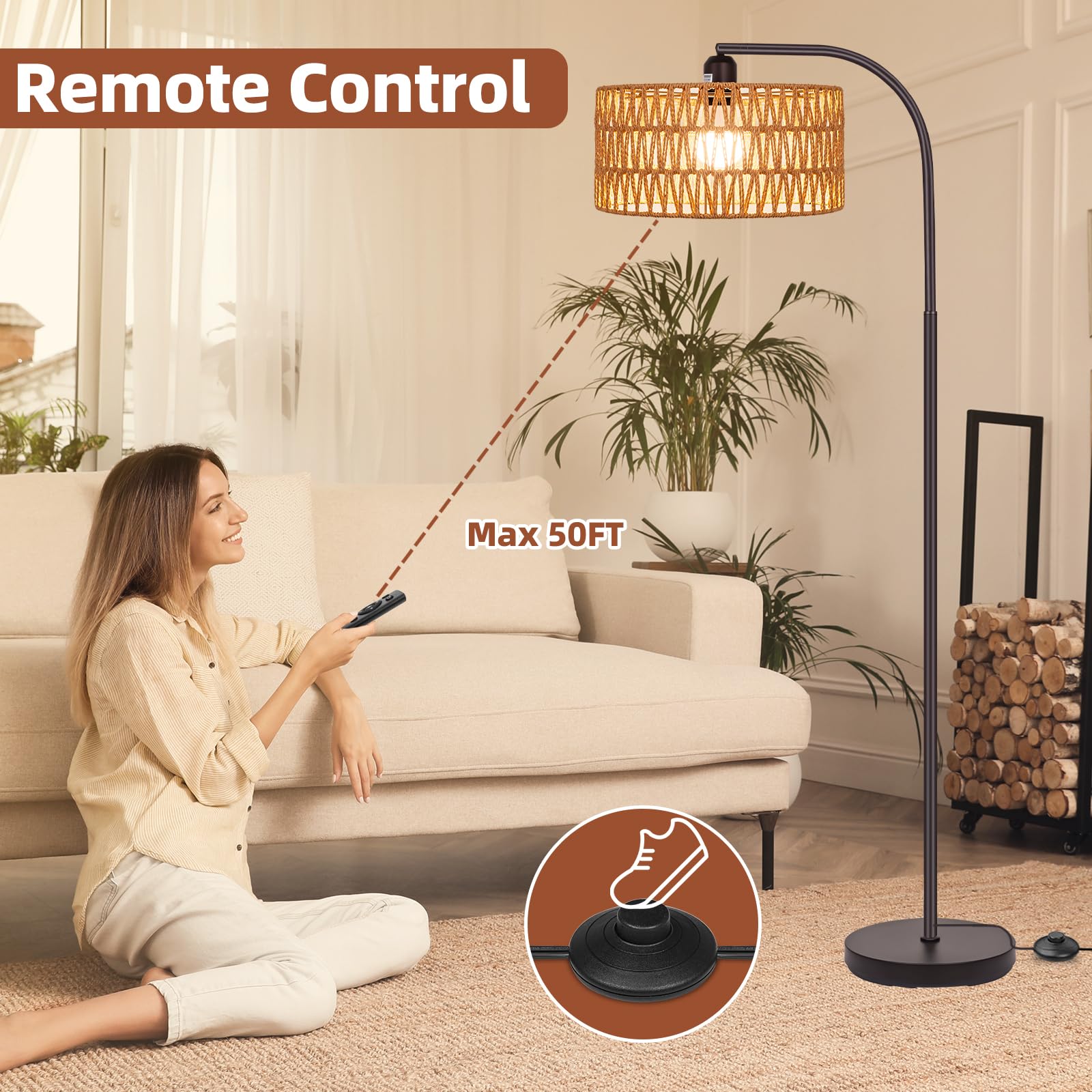 Brilvibera Boho Floor Lamp With Dimmable Bulb, Rattan &Linen Double Shades, Bronze Boho Standing Tall Lamps With Foot Switch, Bohemian Floor Lamps For Living Room, Bedroom, Office