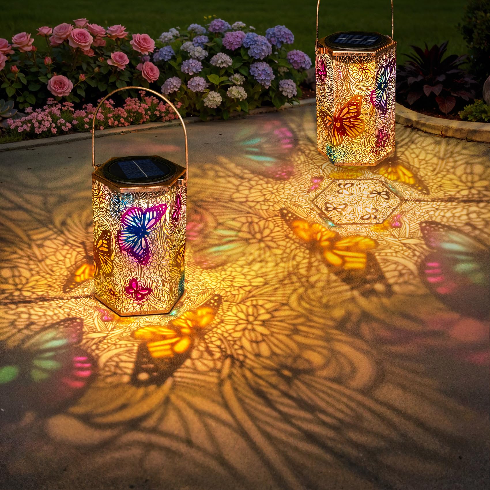 2Pack Solar Outdoor Lanterns Waterproof Butterfly Gifts for Women, 3D Colorful Solar Garden Yard Lanterns, Gardening Gifts for W