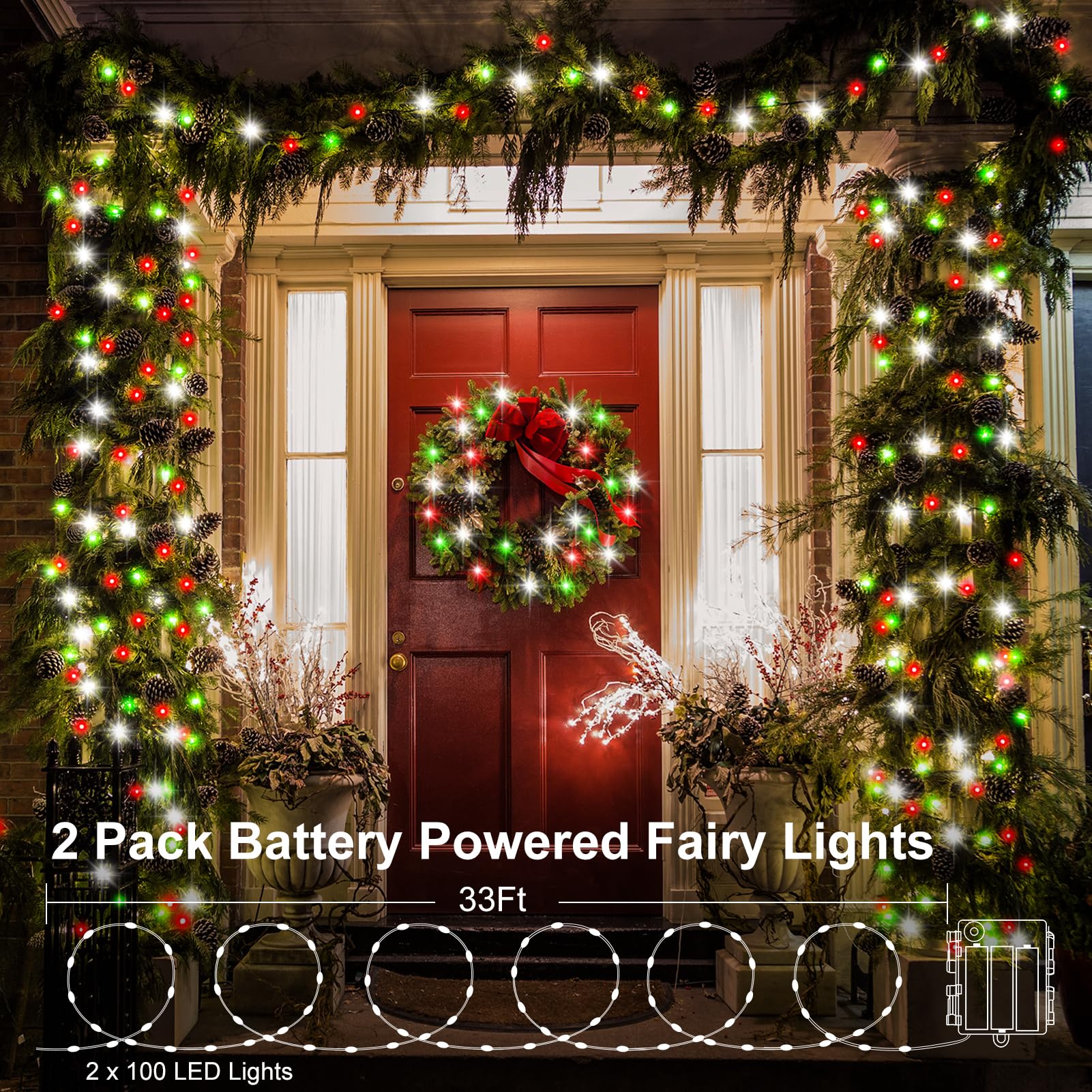 Echosari 2 Pack Red White And Green Christmas Fairy Lights Battery Operated, 200 Led 66Ft Silver Wire Starry String Lights Auto Timer 8 Modes Waterproof Mini Lights For Wreath Diy Fence Decor