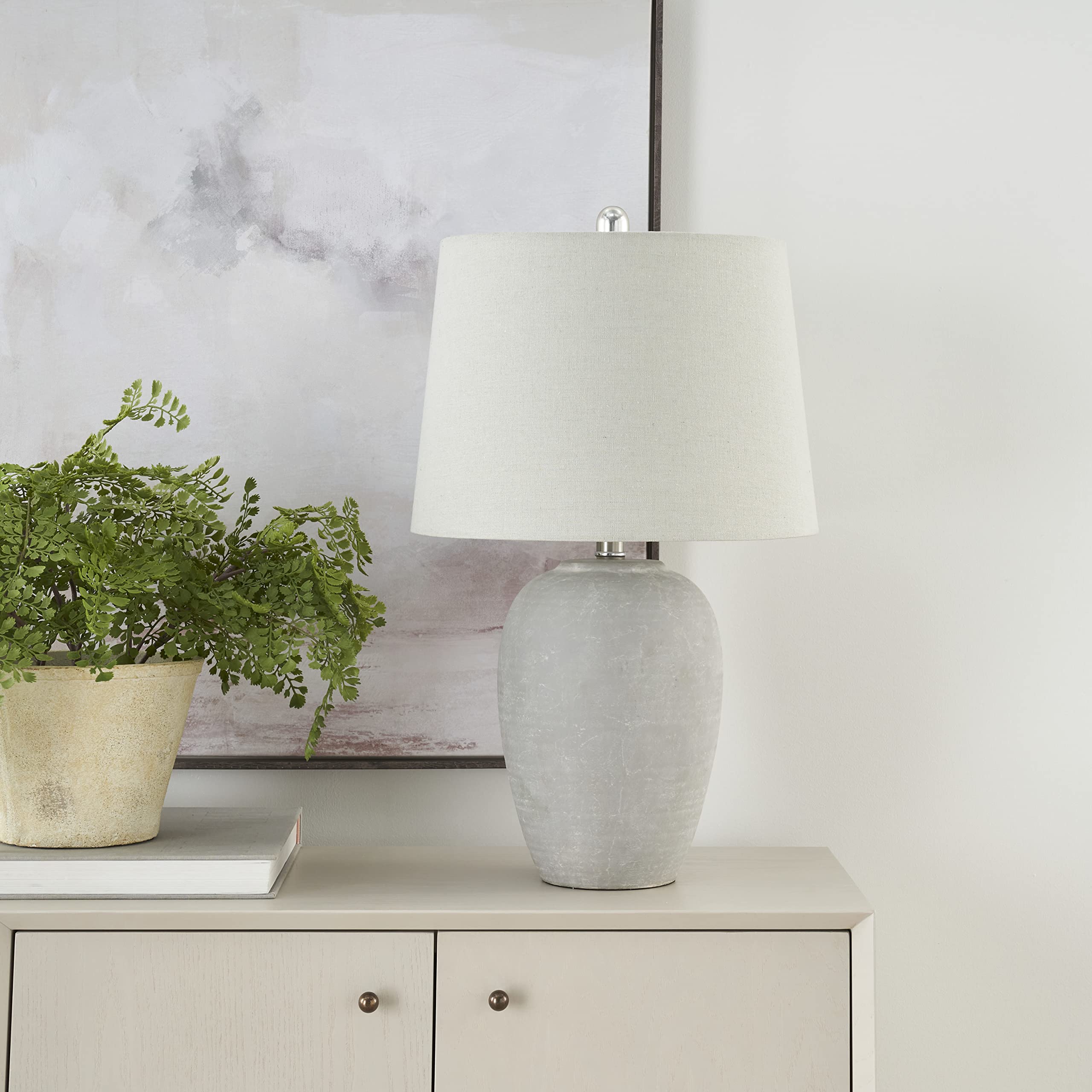 Nourison 23'' Grey White Washed Distressed Ceramic Pot Table Lamp for Bedroom, Living Room