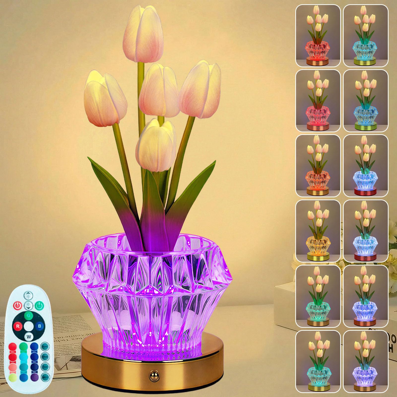 Strackvial Tulip Table Lamp, 4 Modes 16 Color Changing Acrylic Crystal Night Light with Remote, Rechargeable Touch Artificial Fl