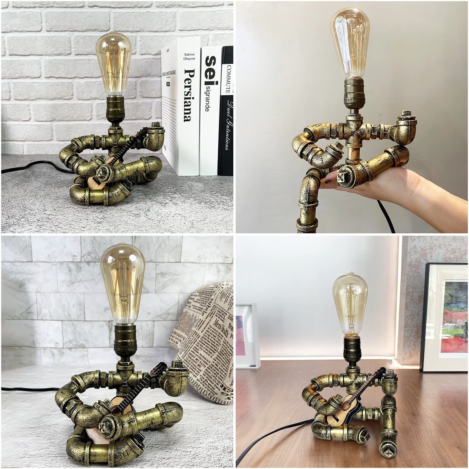 WIBOTA Steampunk Guitar Table Lamp - Retro Industrial Metal Design, Bronze with Guitar & Lights
