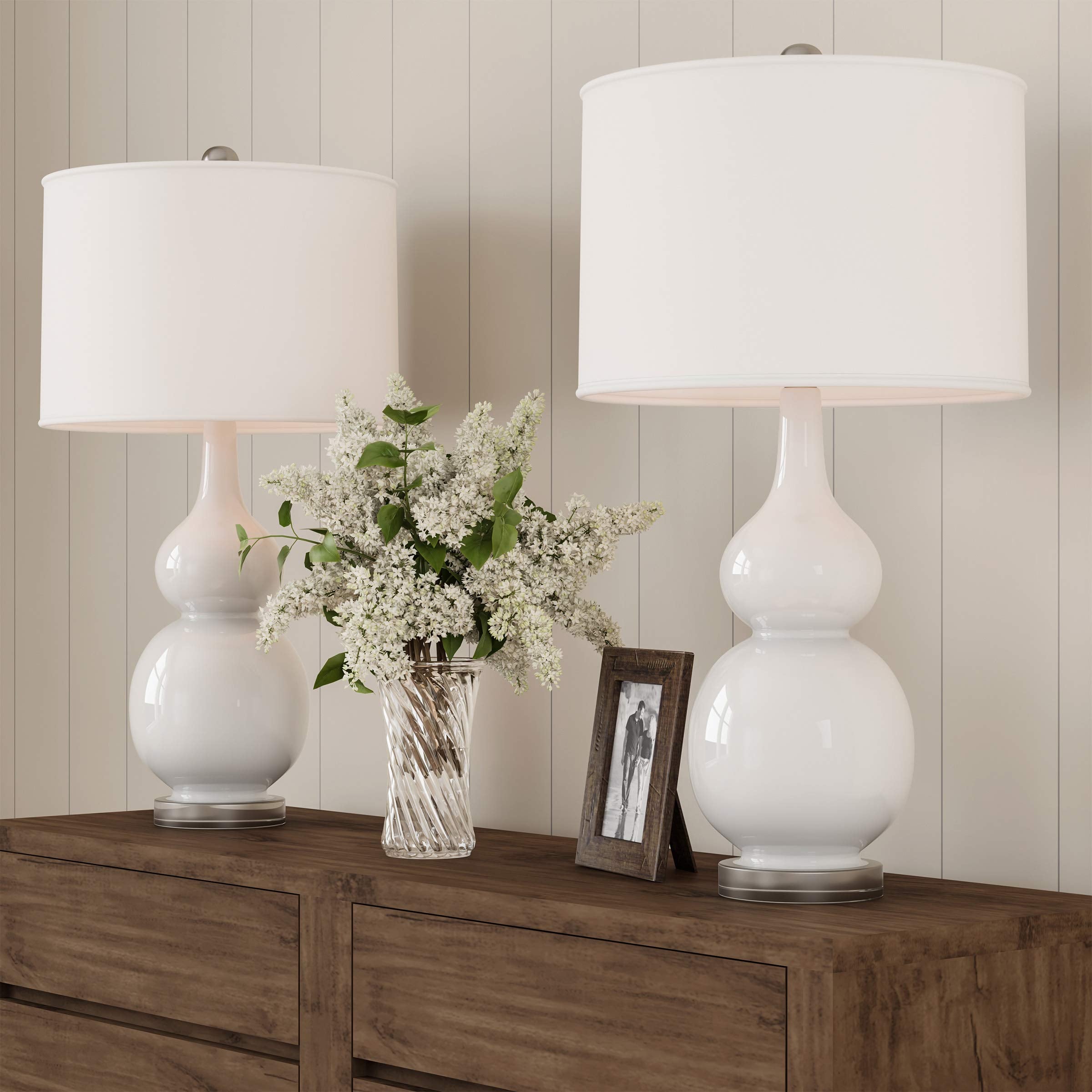 Ceramic Table Lamps - Set of 2 Double Gourd Vintage-Style Accent Lights for Bedroom, Living Room, or Office with LED Bulbs by Lavish Home (White)